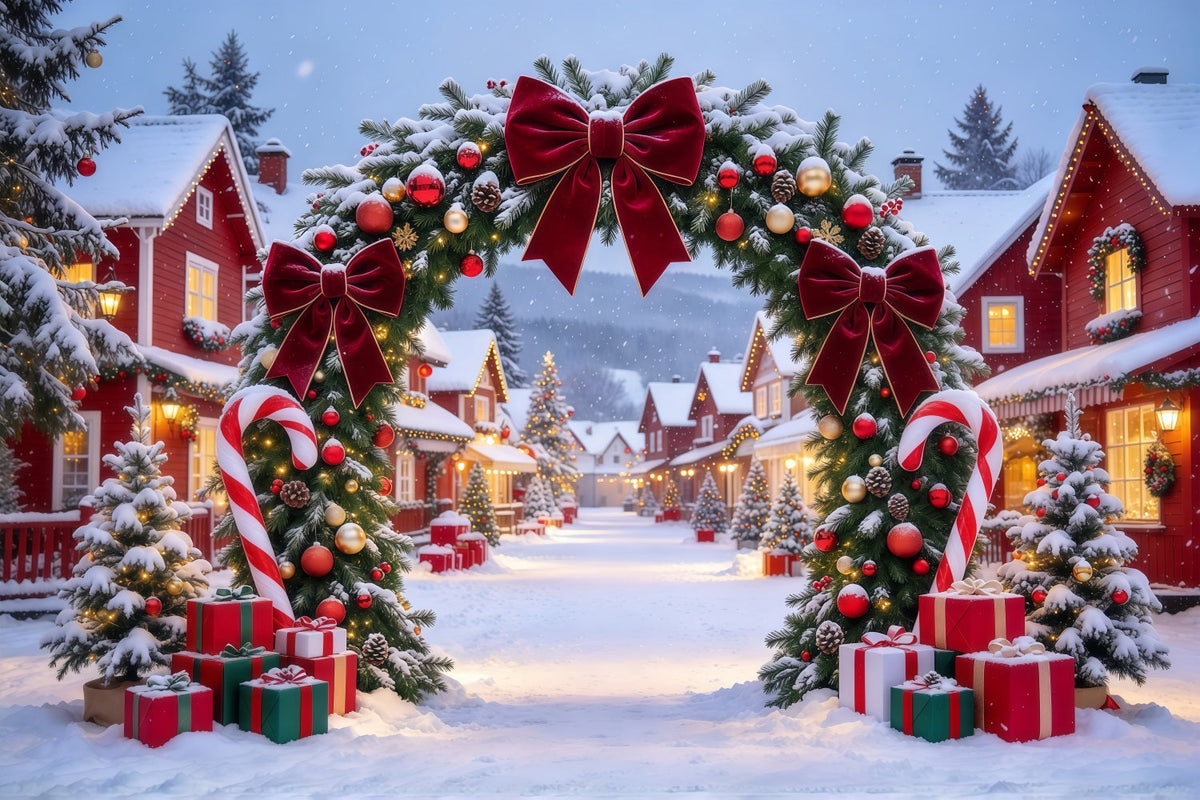 Christmas Village Backdrops Burgundy Bow Candy Cane Arch Christmas Themed Backdrops UK GQ610-62