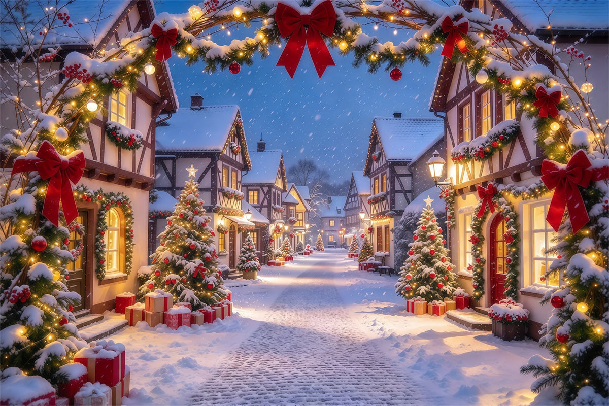 Christmas Village Backdrops Red Bow Snowy Arch Gateway Xmas Backdrops UK GQ610-64