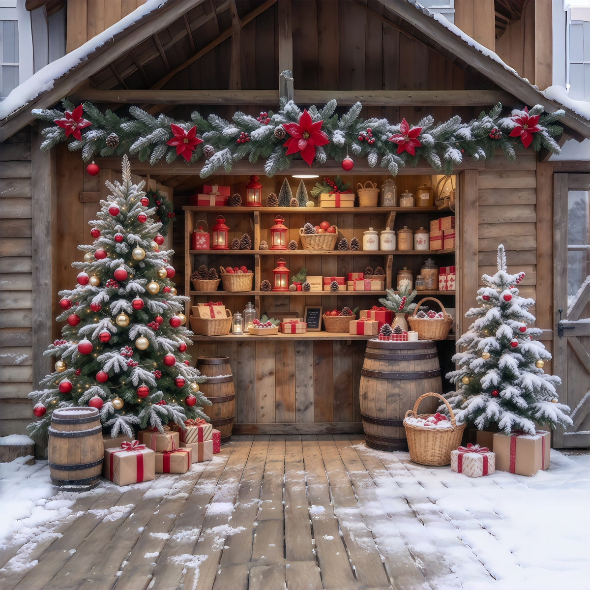 Christmas Store Backdrop Snowy Rustic Gift Shop Christmas Backdrop for Pictures UK GQ610-65