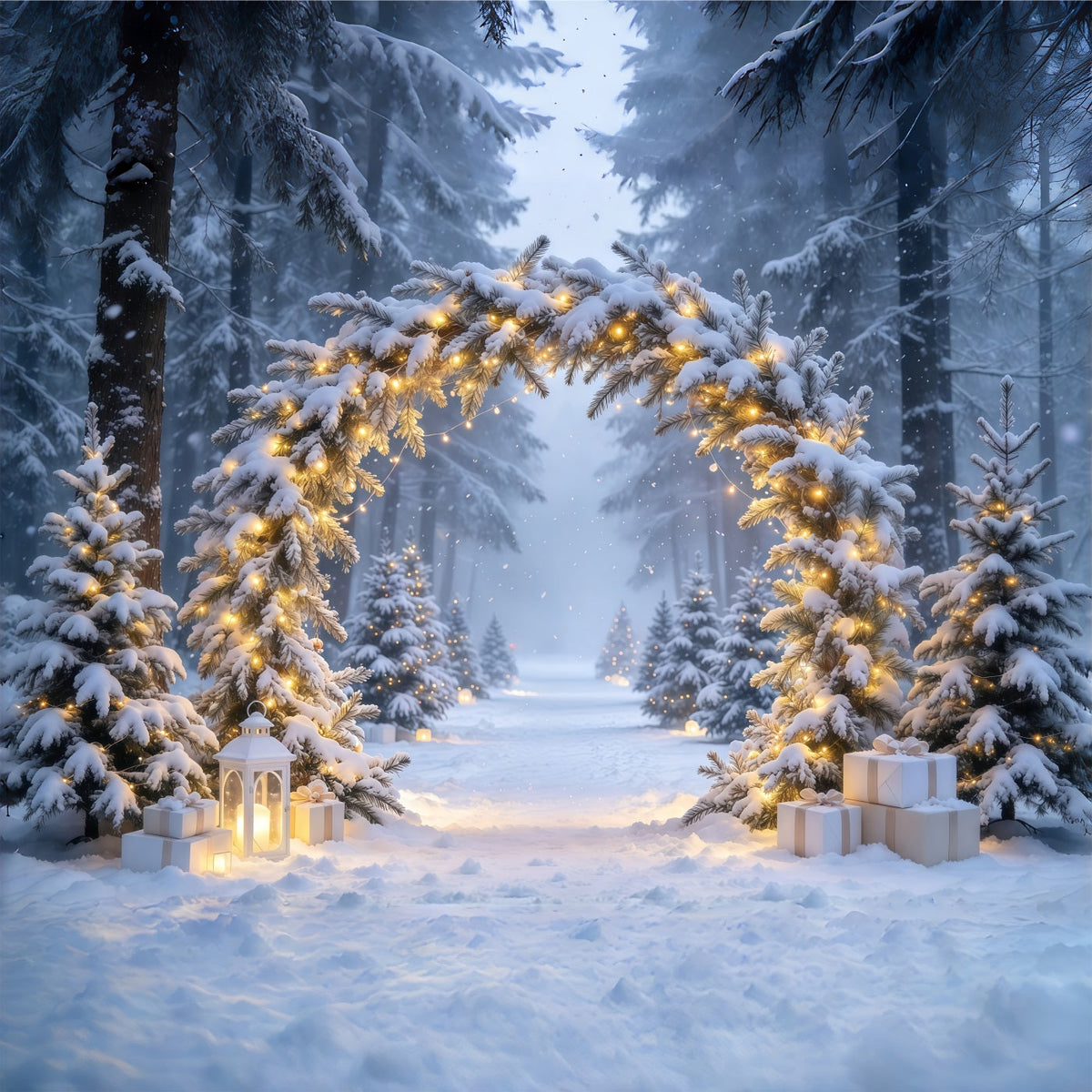 Christmas Backdrops for Photos Snowy Illuminated Evergreen Arch Winter Wonderland Christmas Backdrop UK GQ610-69