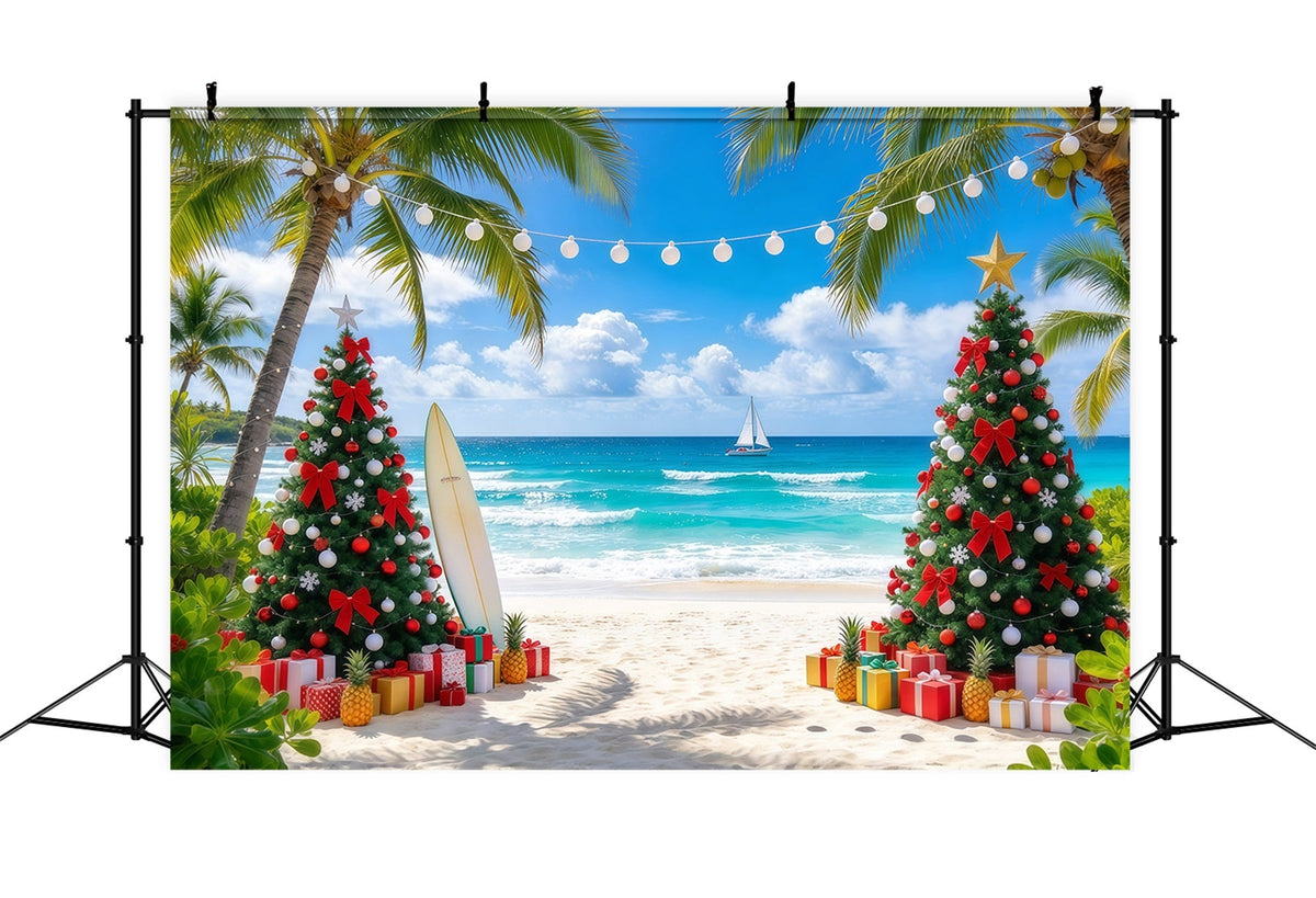 Tropical Christmas Backdrop Palm Sea Beach Surfboard Christmas Backdrops for Photos UK GQ610-7