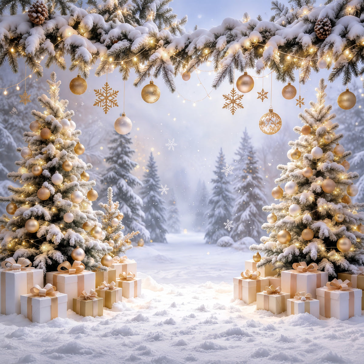Christmas Backdrop for Photos Golden Ornament Snowy Forest Christmas Card Backdrop UK GQ610-71