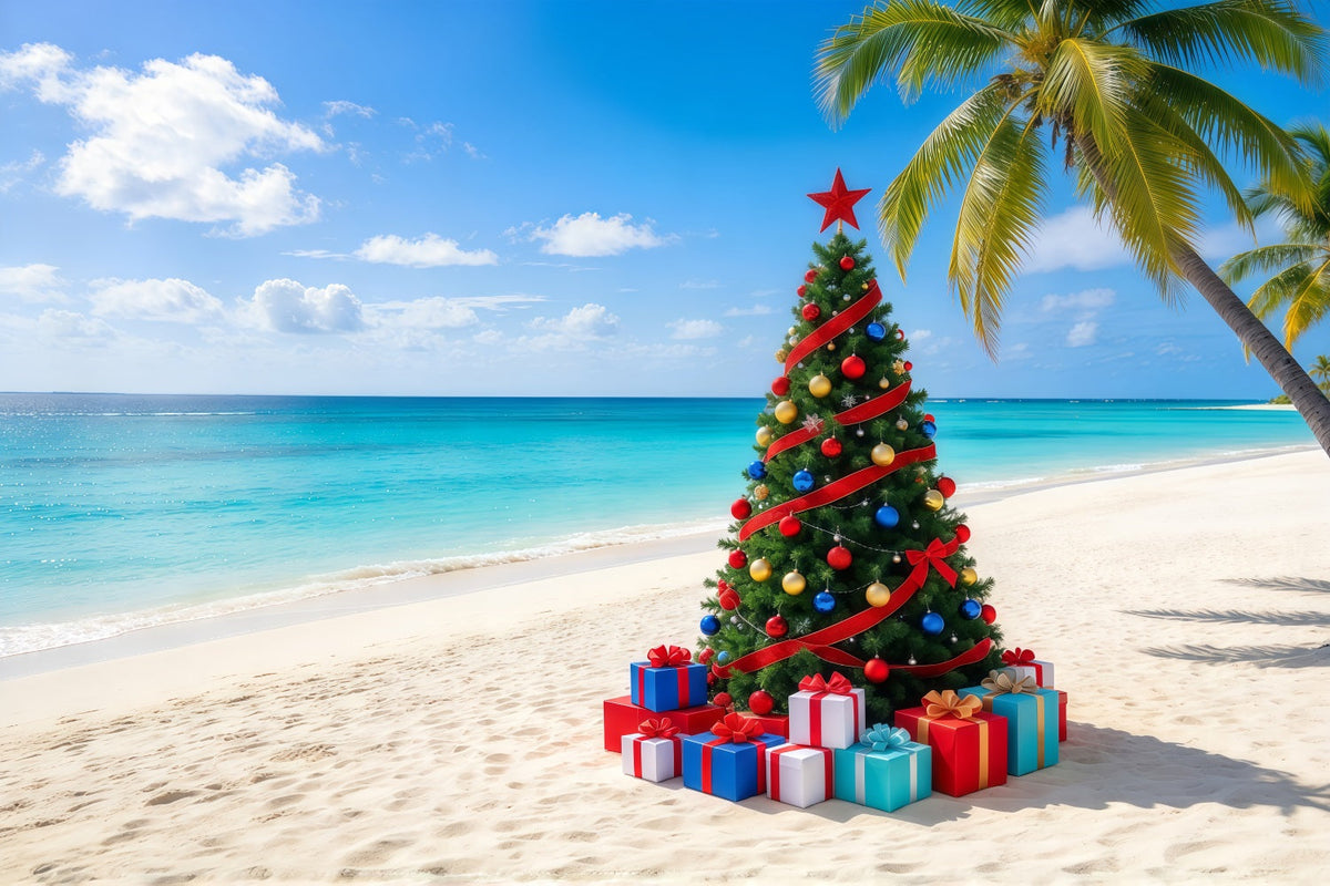 Christmas Tree Backdrops Tropical Beach Decorated Tree Christmas Themed Backdrop UK GQ610-79