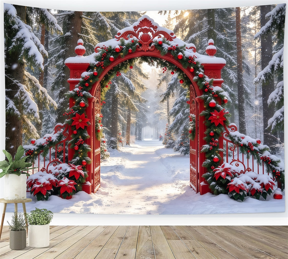 Snowy Christmas Backdrop Ornate Red Garland Gateway Christmas Studio Backdrop UK GQ610-87