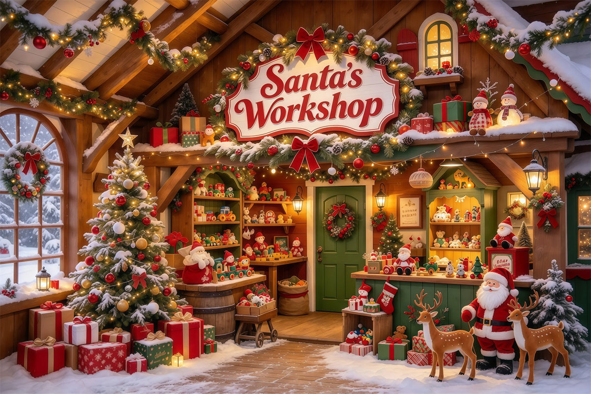 Santa Workshop Backdrop Wooden Toy Shelf Display Christmas Backdrops for Photography UK GQ610-9