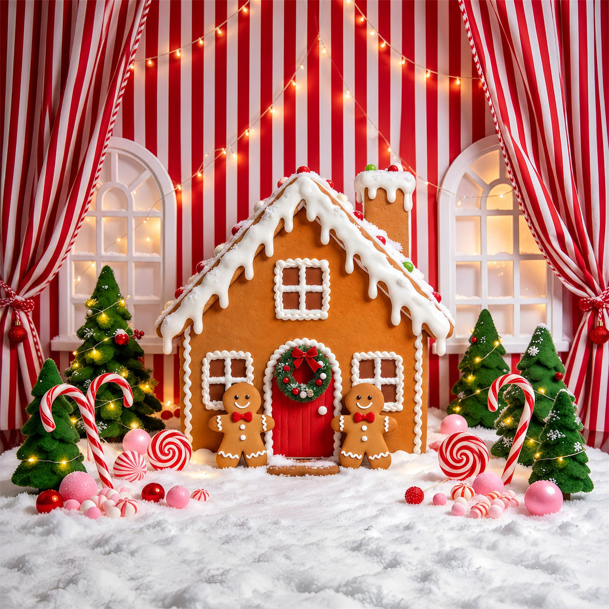 Gingerbread House Photo Backdrop Cute Candy Cane Cottage Christmas Photo Booth Backdrop UK GQ610-91