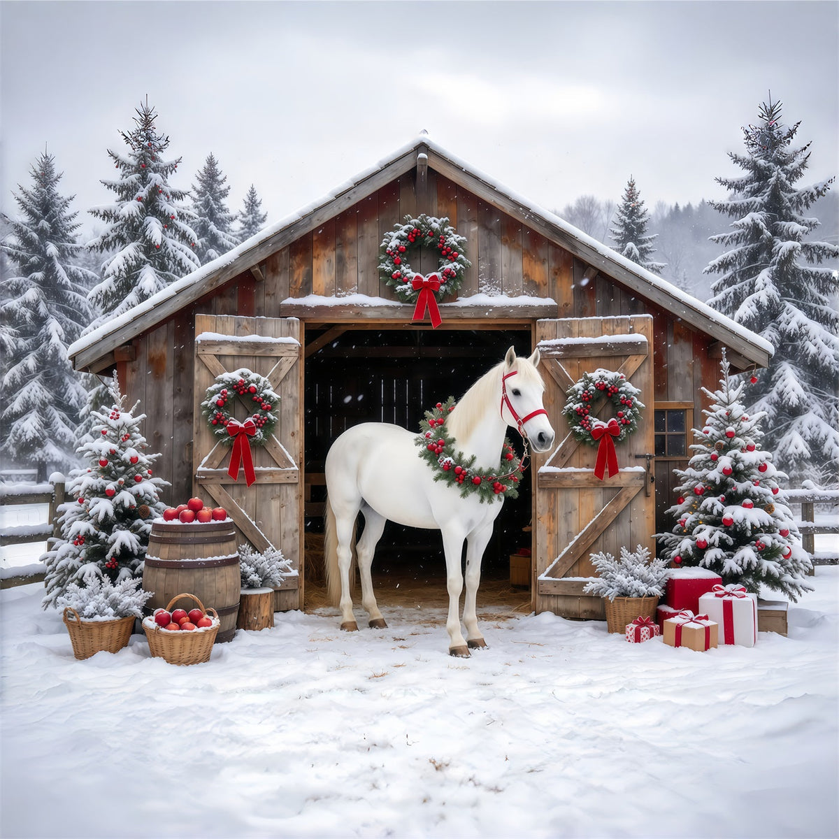 Western Christmas Backdrop White Horse Rustic Barn Christmas Backdrop Photoshoot UK GQ610-92