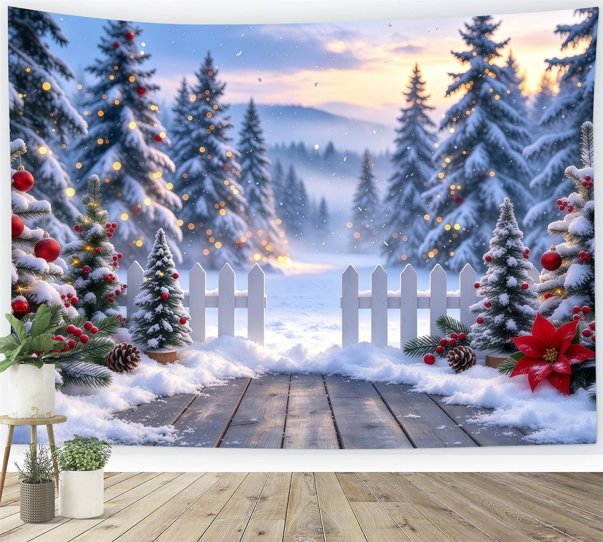 Christmas Tree Forest Backdrop Snowy Picket Fence Entryway Xmas Backdrop for Photos UK GQ610-99