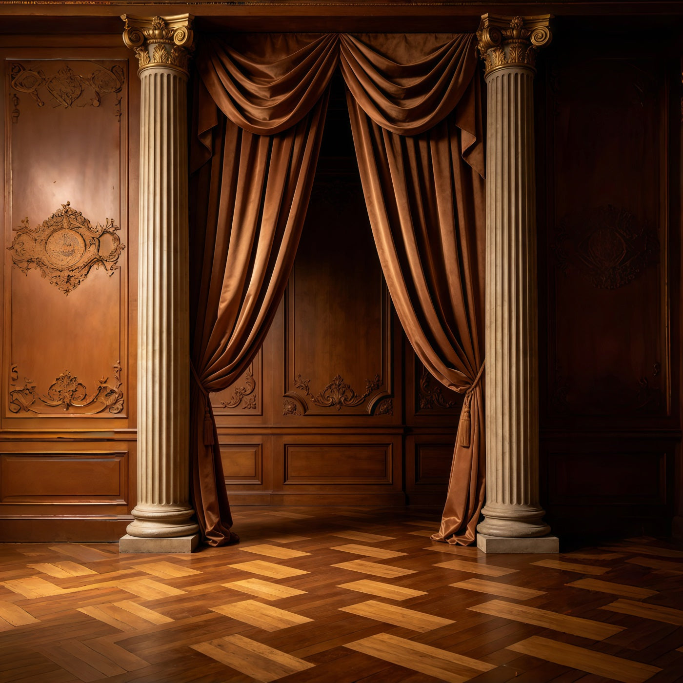 Portrait Photo Backdrop Classic Walnut Velvet Curtain Columns Abstract Backdrops UK GQ64-35