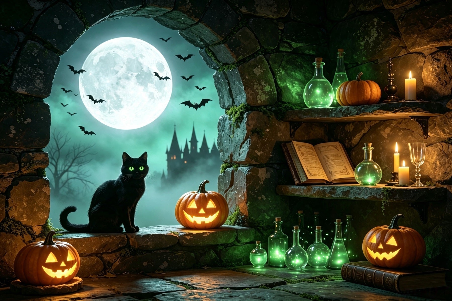 Witches Lair Backdrop Moonlit Cat Potion Alcove Lumberjack Photo Backdrop UK GQ67-101