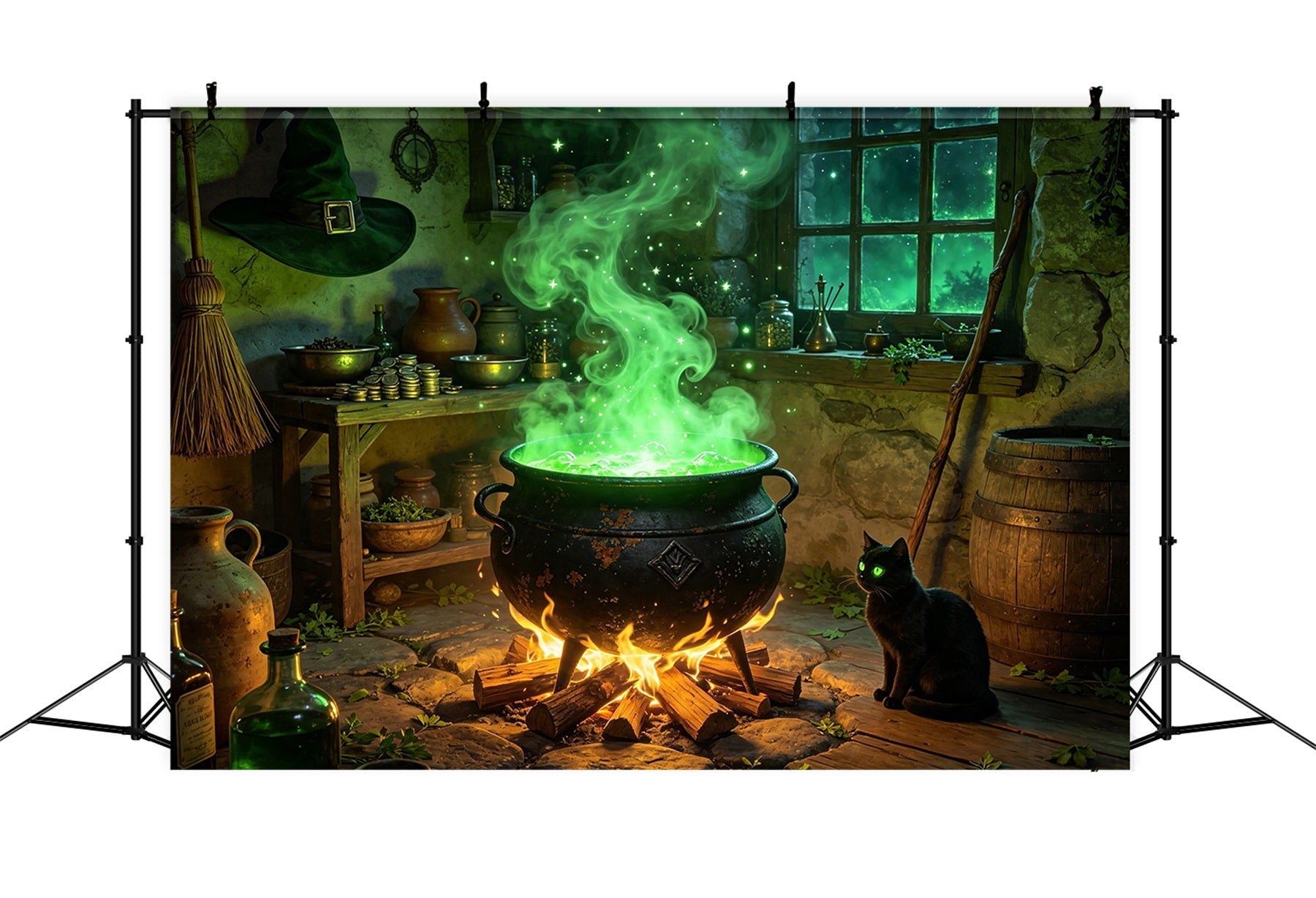 Witches Kitchen Backdrop Glowing Cauldron Cottage Halloween Back Drop UK GQ67-103