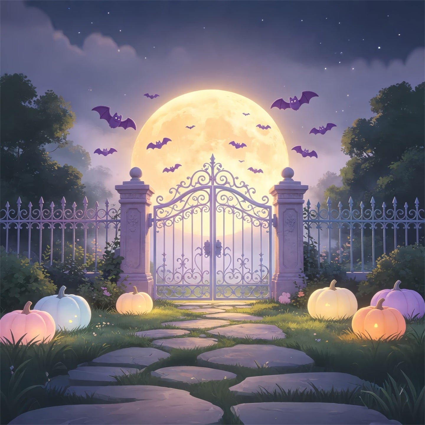 Batcave Backdrop Pastel Moonlit Garden Gate Pastel Halloween Backdrop UK GQ67-104