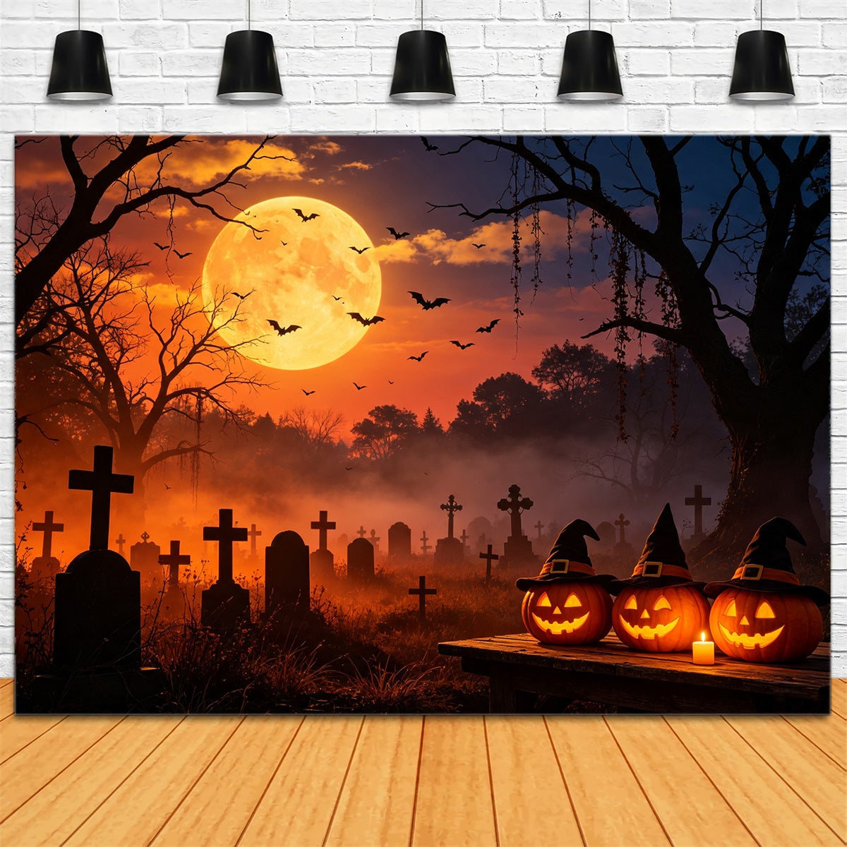 Bat Cave Backdrop Sunset Witch Pumpkin Graveyard Photo Backdrops Halloween UK GQ67-105