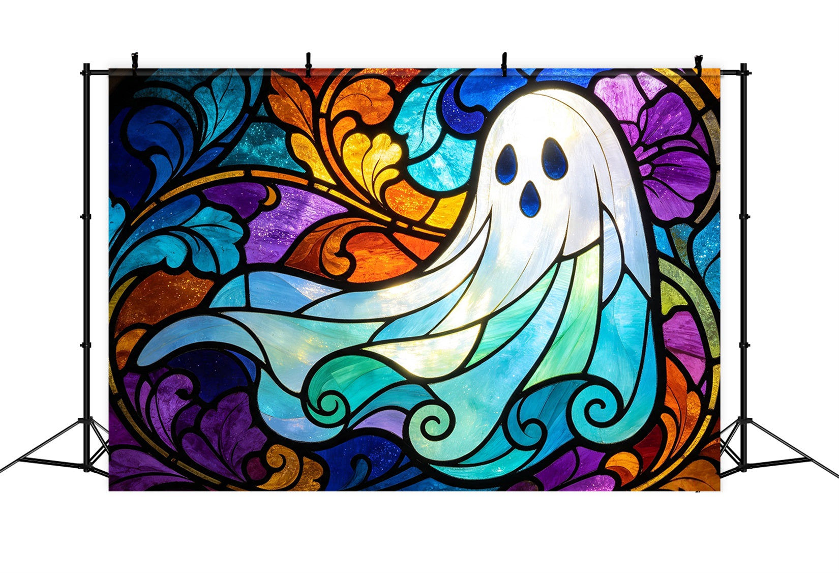 Ghost Stained Glass Backdrop Tapestry Colorful Window Garage Door Halloween Backdrop UK GQ67-109