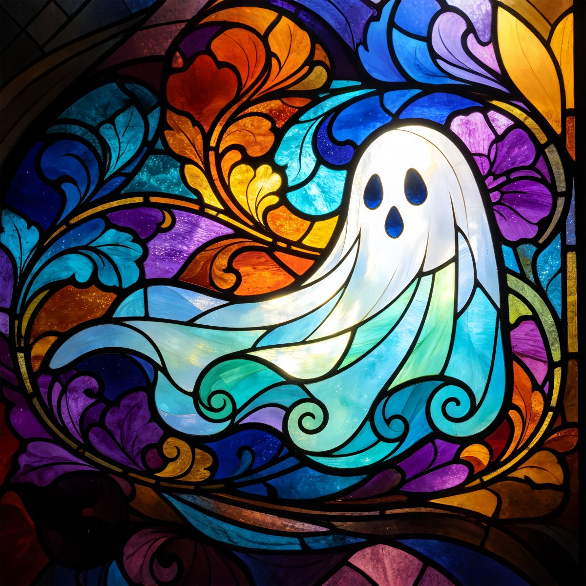 Ghost Stained Glass Backdrop Tapestry Colorful Window Garage Door Halloween Backdrop UK GQ67-109