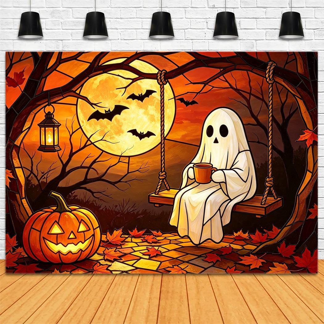 Backdrop Ghost Stained Glass Cozy Moonlit Pumpkin Swing Halloween Photobooth Backdrop UK GQ67-111