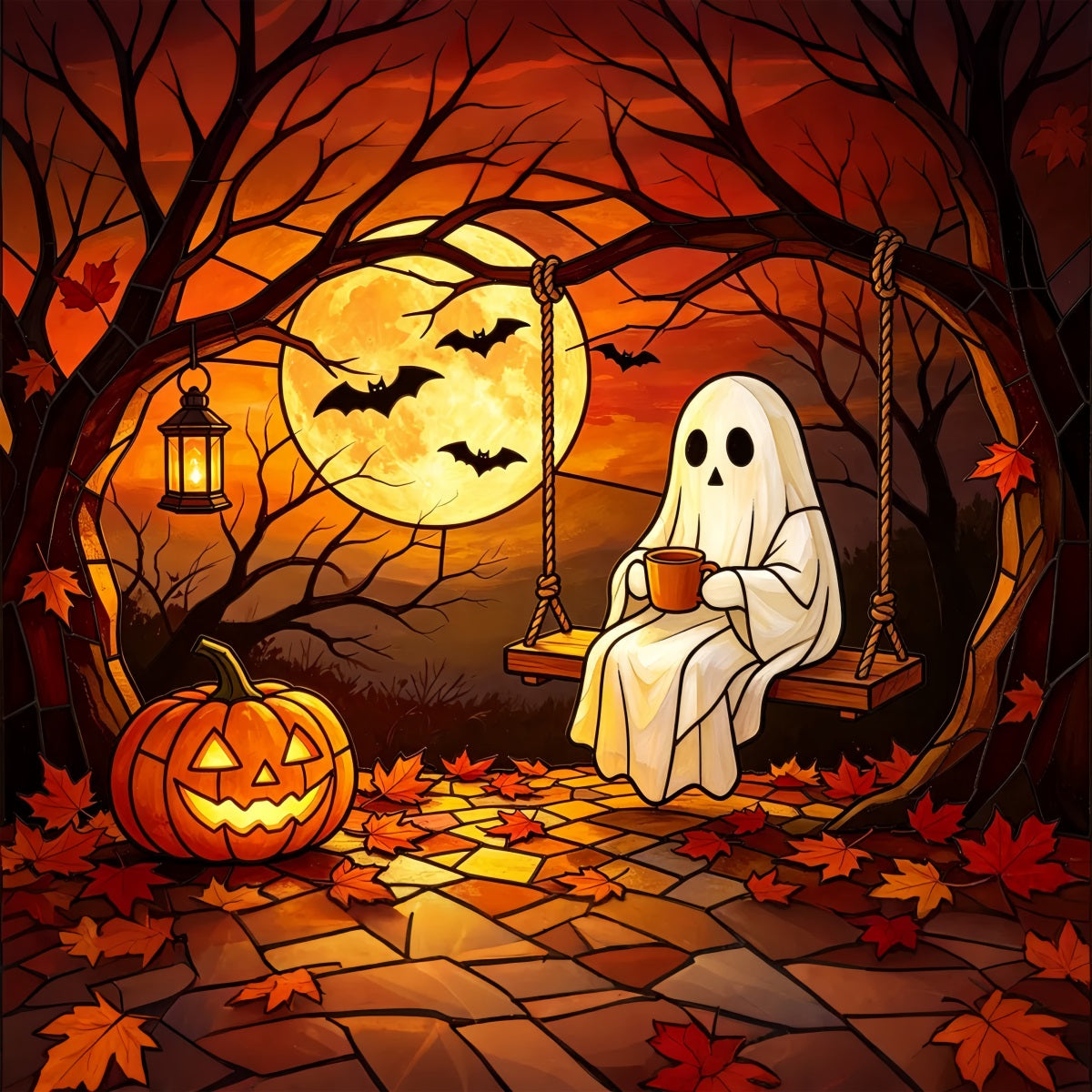 Backdrop Ghost Stained Glass Cozy Moonlit Pumpkin Swing Halloween Photobooth Backdrop UK GQ67-111