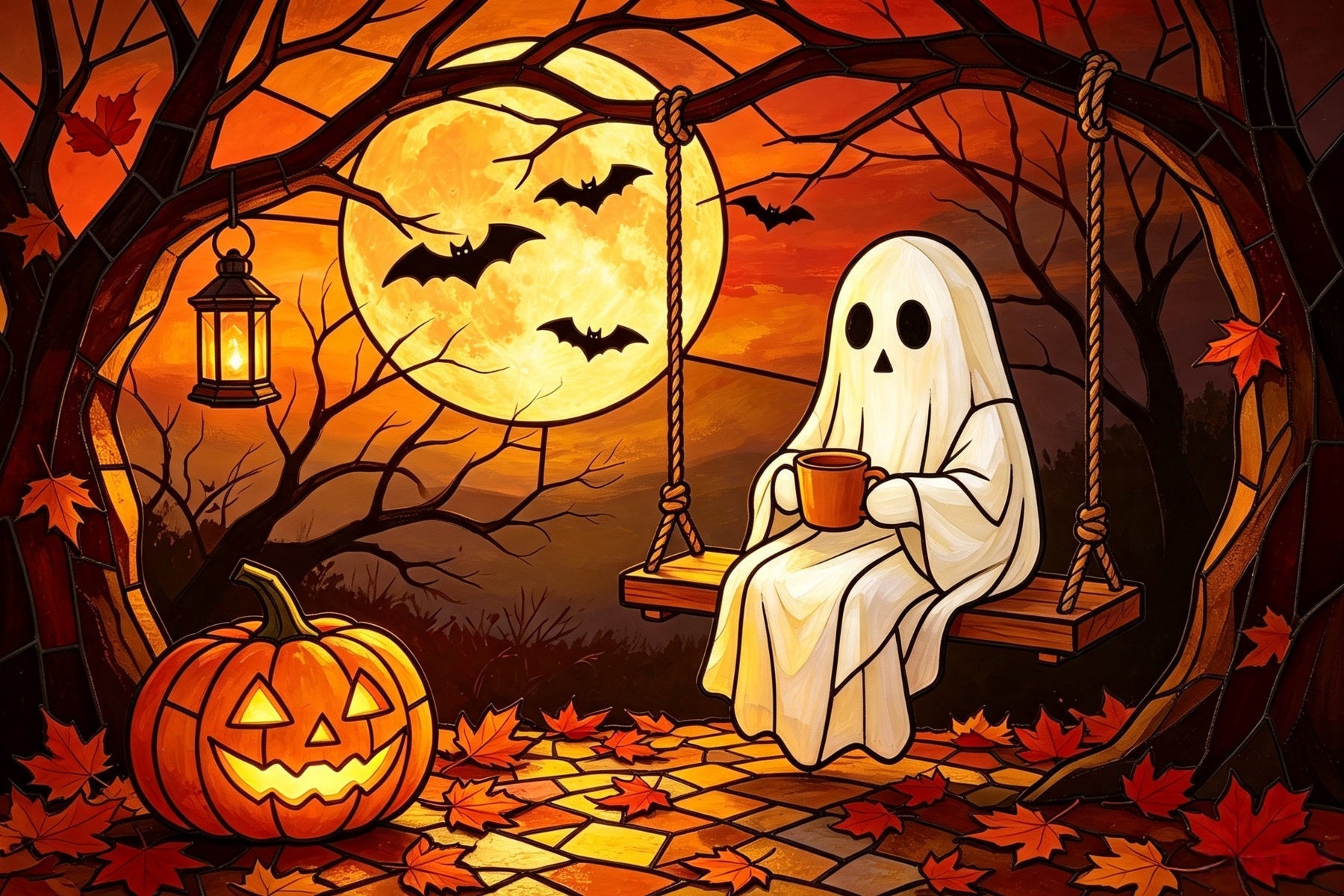 Backdrop Ghost Stained Glass Cozy Moonlit Pumpkin Swing Halloween Photobooth Backdrop UK GQ67-111