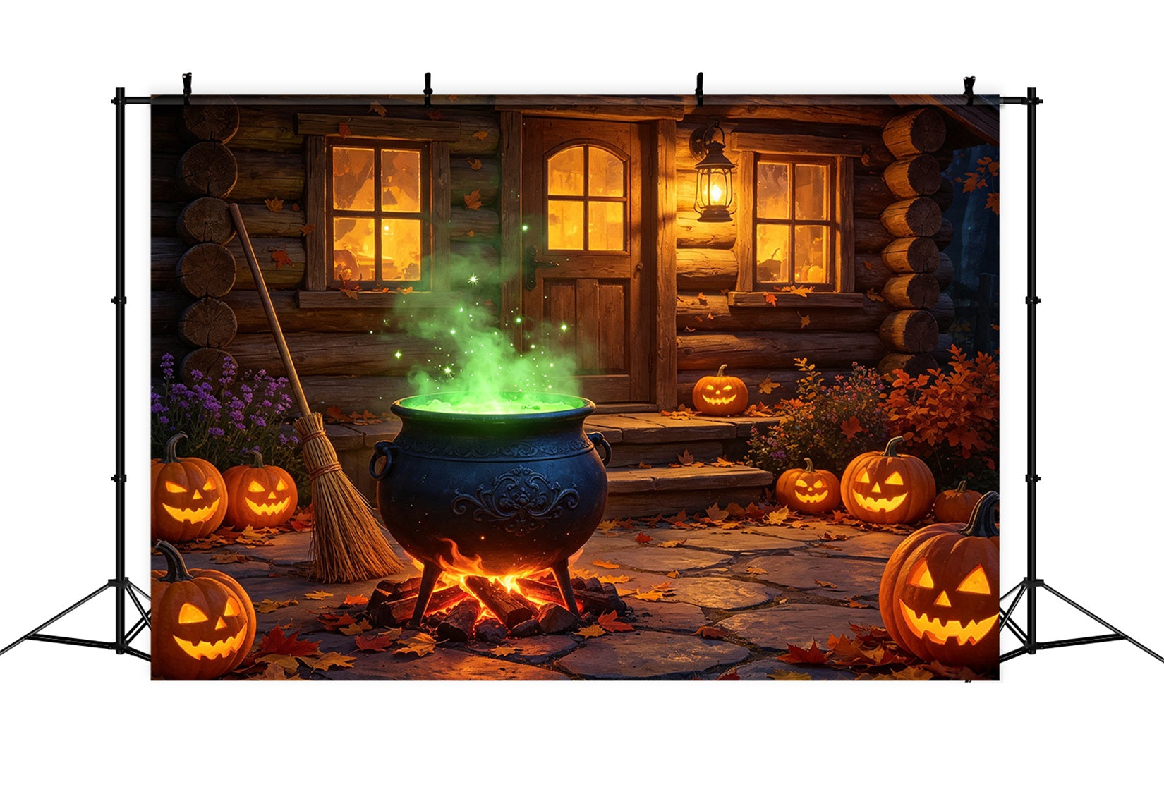 Witches Kitchen Backdrop Banner Glowing Cauldron Cabin Porch Best Halloween Backdrops UK GQ67-113