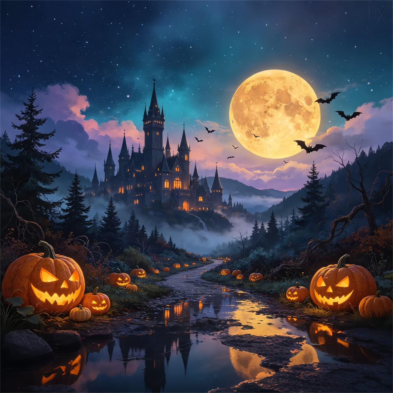 Halloween Pumpkin Backdrop Moonlit Pumpkin Castle Valley Haunted Backdrops UK GQ67-79