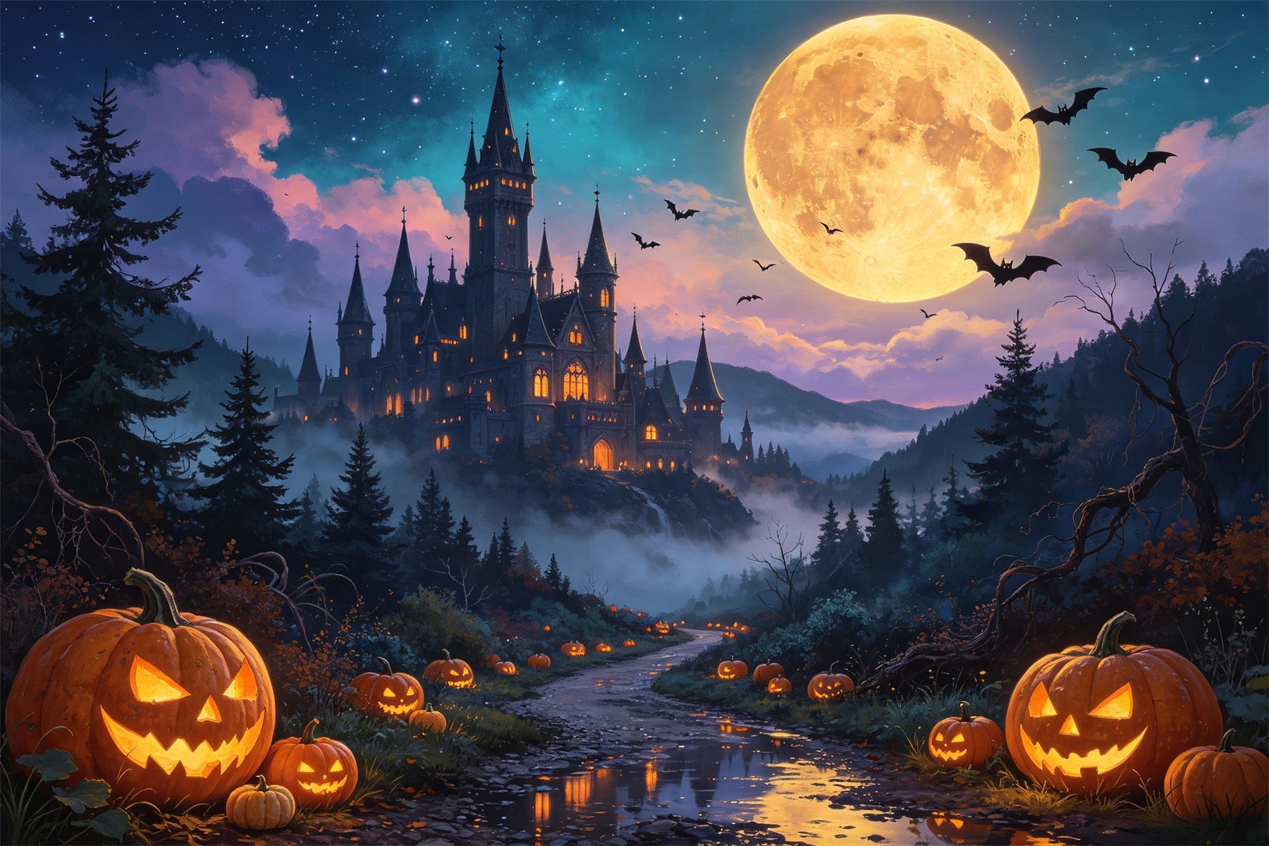 Halloween Pumpkin Backdrop Moonlit Pumpkin Castle Valley Haunted Backdrops UK GQ67-79