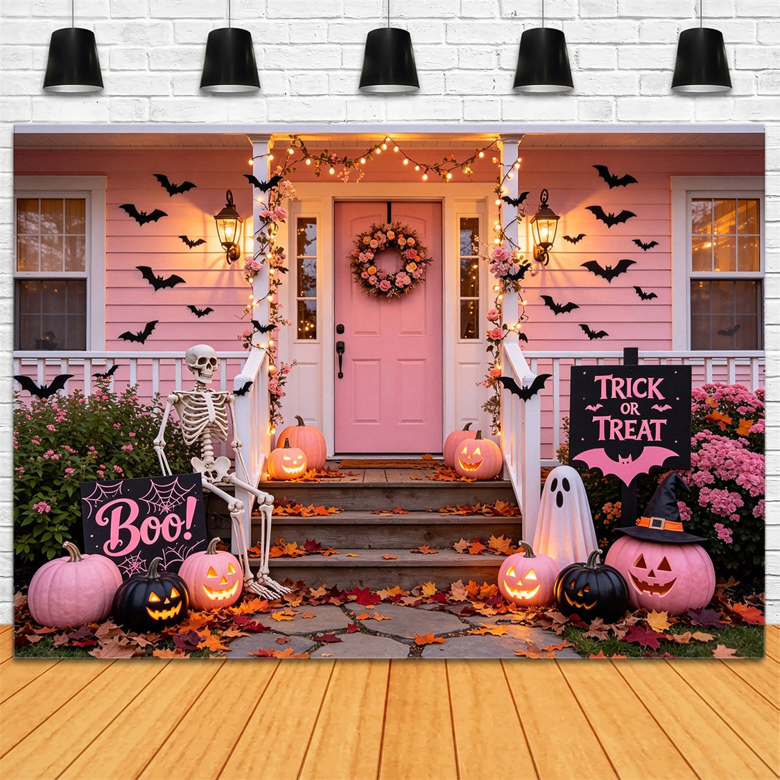 Pink Pumpkin Backdrop Pink Skeleton Porch Display Vintage Halloween Backdrop UK GQ67-80