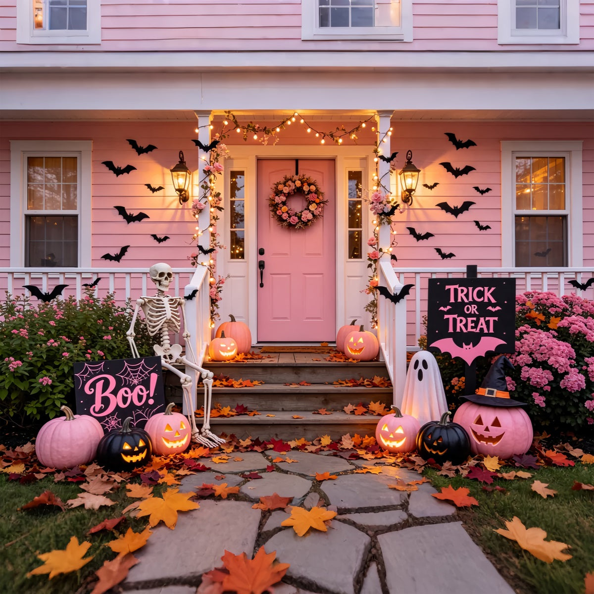 Pink Pumpkin Backdrop Pink Skeleton Porch Display Vintage Halloween Backdrop UK GQ67-80