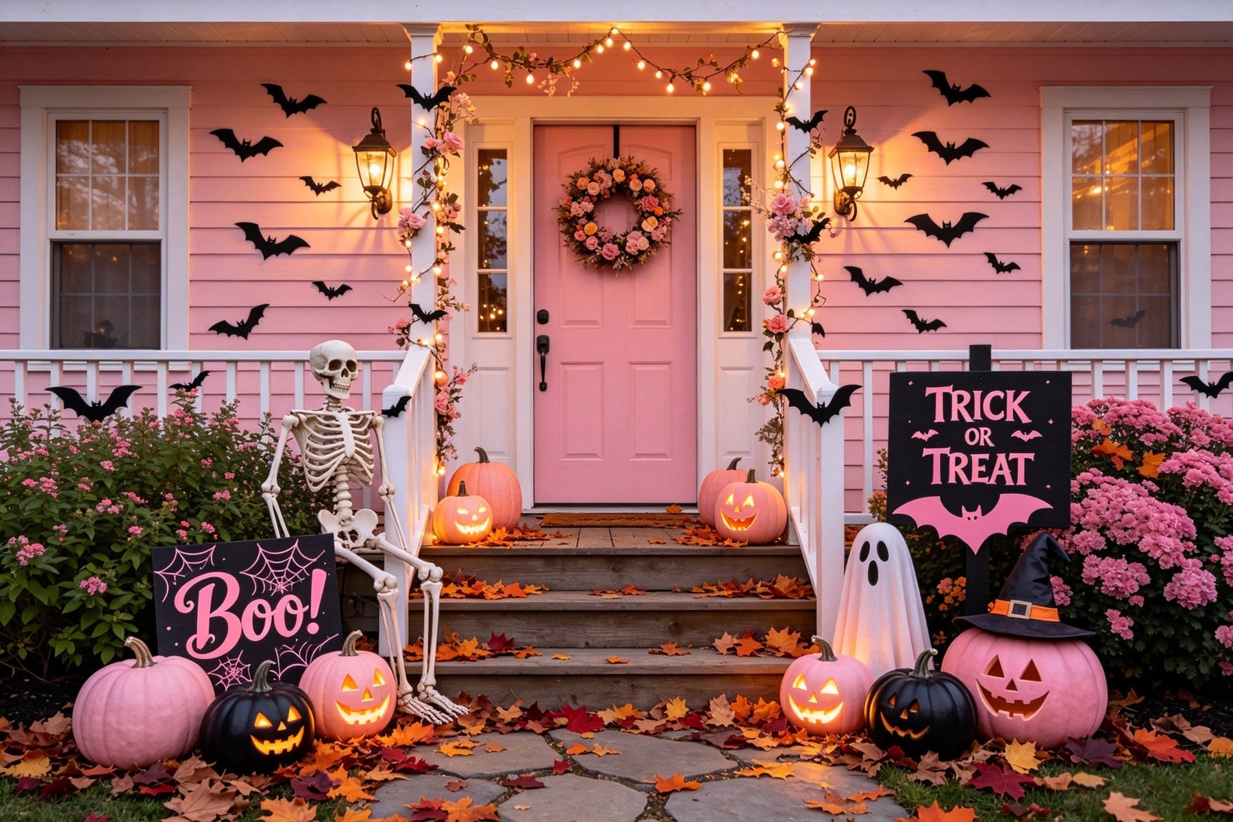 Pink Pumpkin Backdrop Pink Skeleton Porch Display Vintage Halloween Backdrop UK GQ67-80