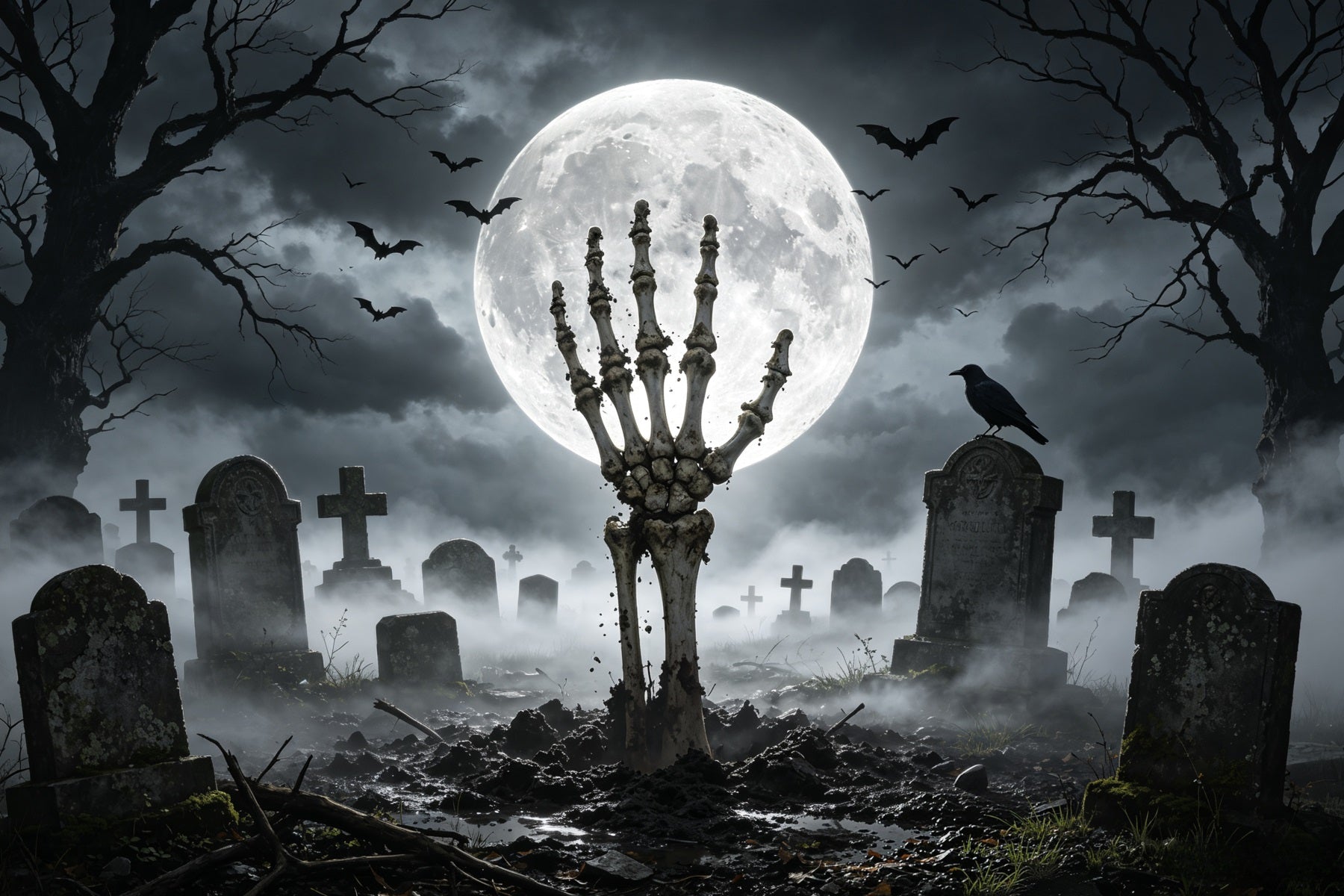 Halloween Graveyard Backdrops Moonlit Skeleton Hand Creepy Backdrops UK GQ67-84