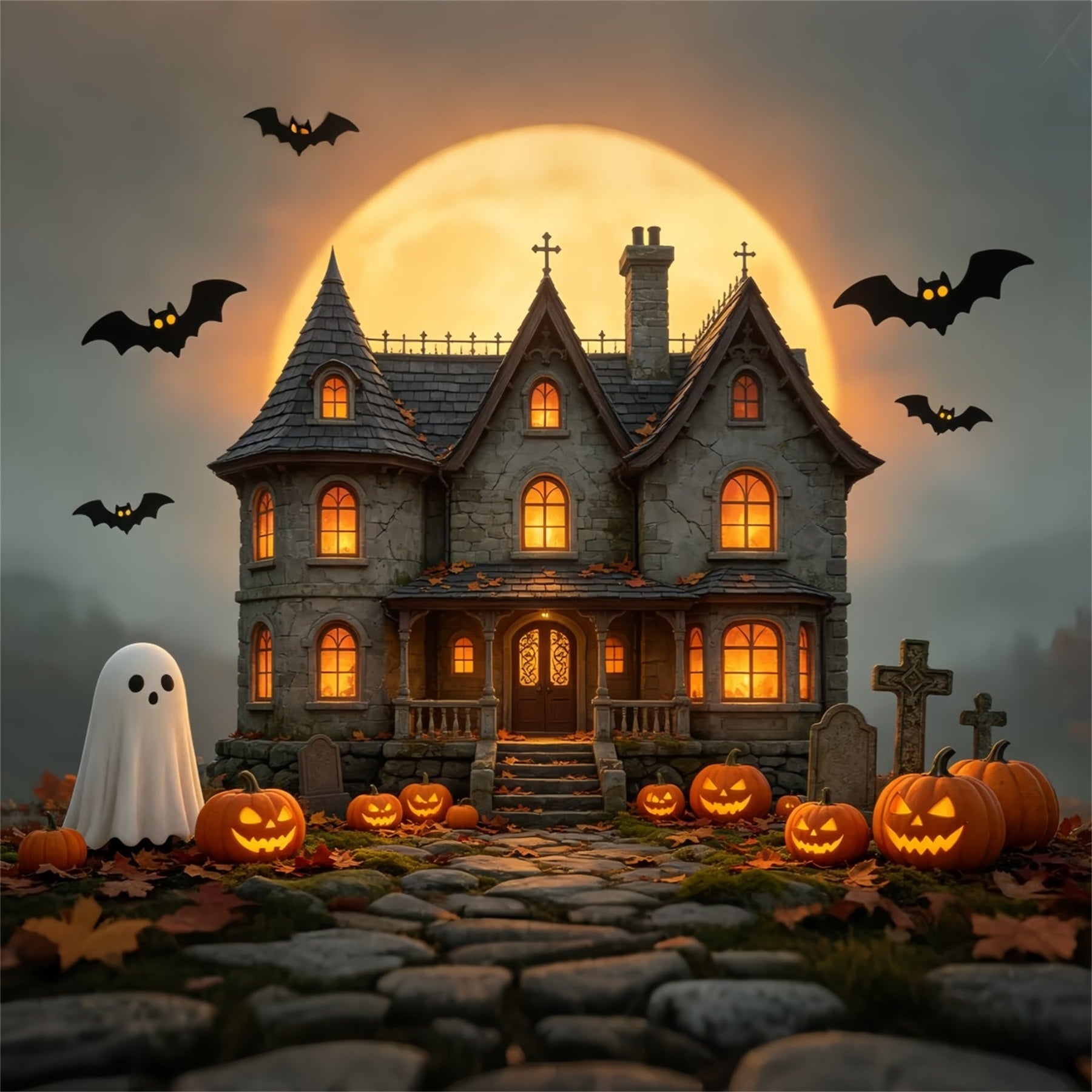 Halloween House Backdrop Golden Moon Haunted Manor Backdrops Halloween UK GQ67-85