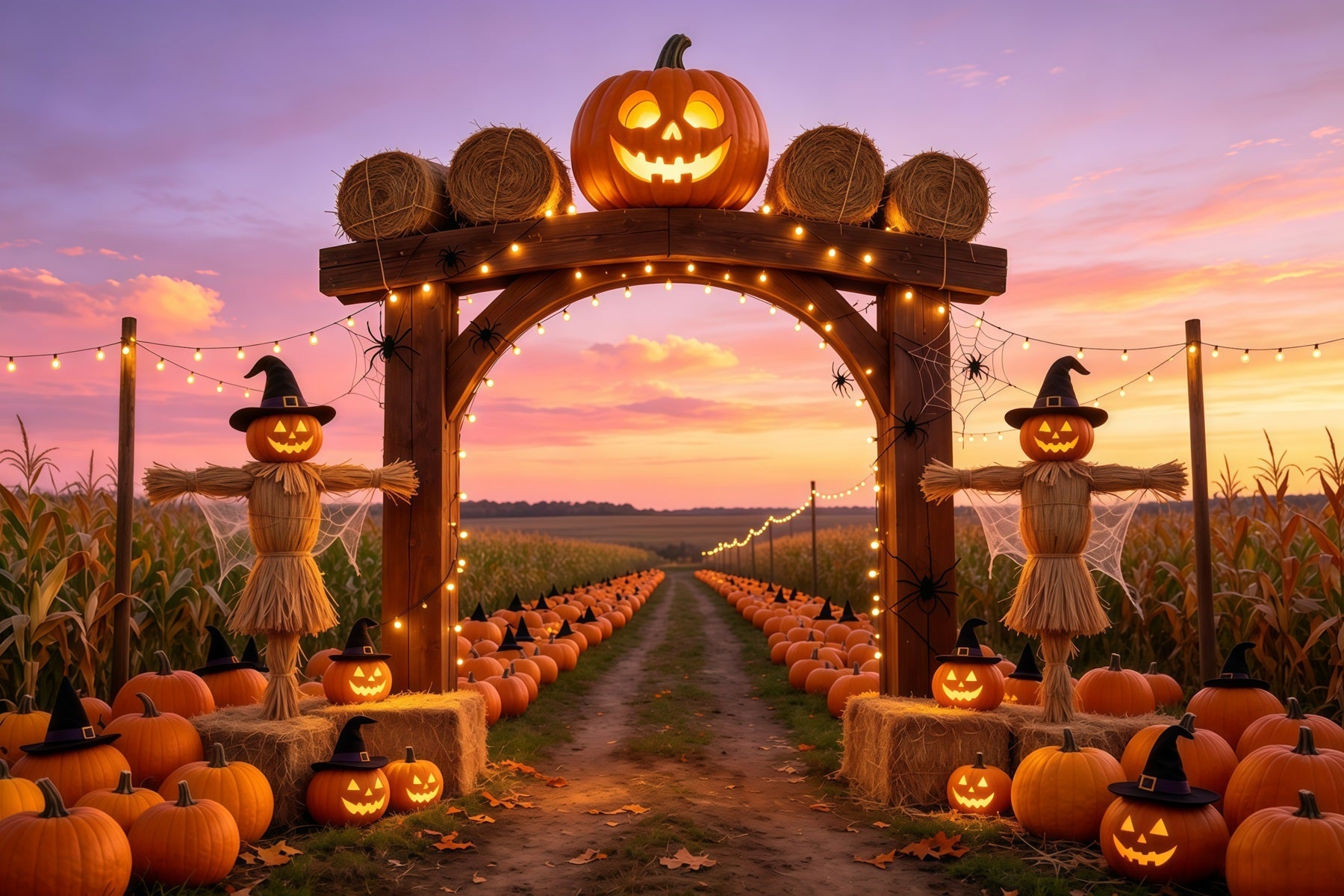 Pumpkin Patch Backdrop Ideas Sunset Scarecrow Farm Photography Halloween Backdrop UK GQ67-87