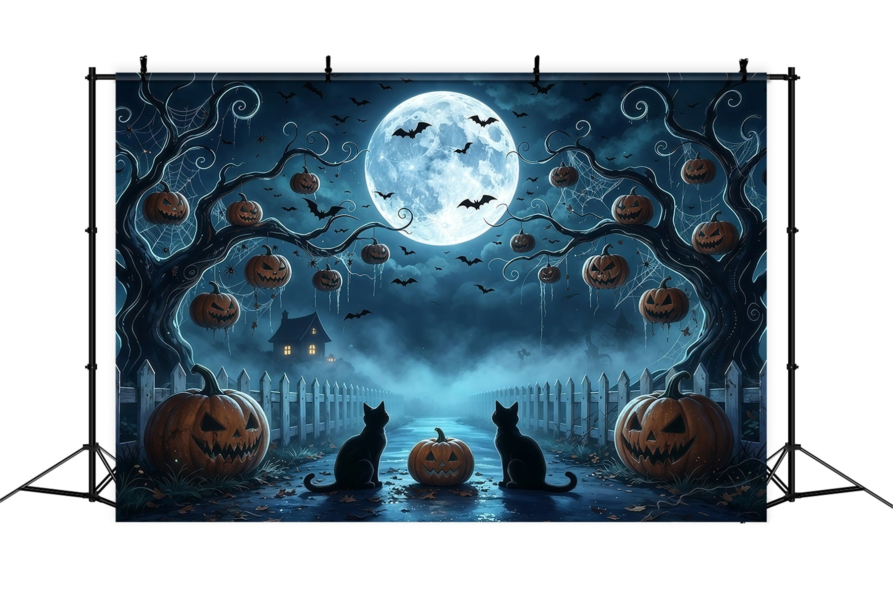 Spooky Tree Backdrop Moonlit Cat Pumpkin Path 10x10 Halloween Backdrop UK GQ67-91