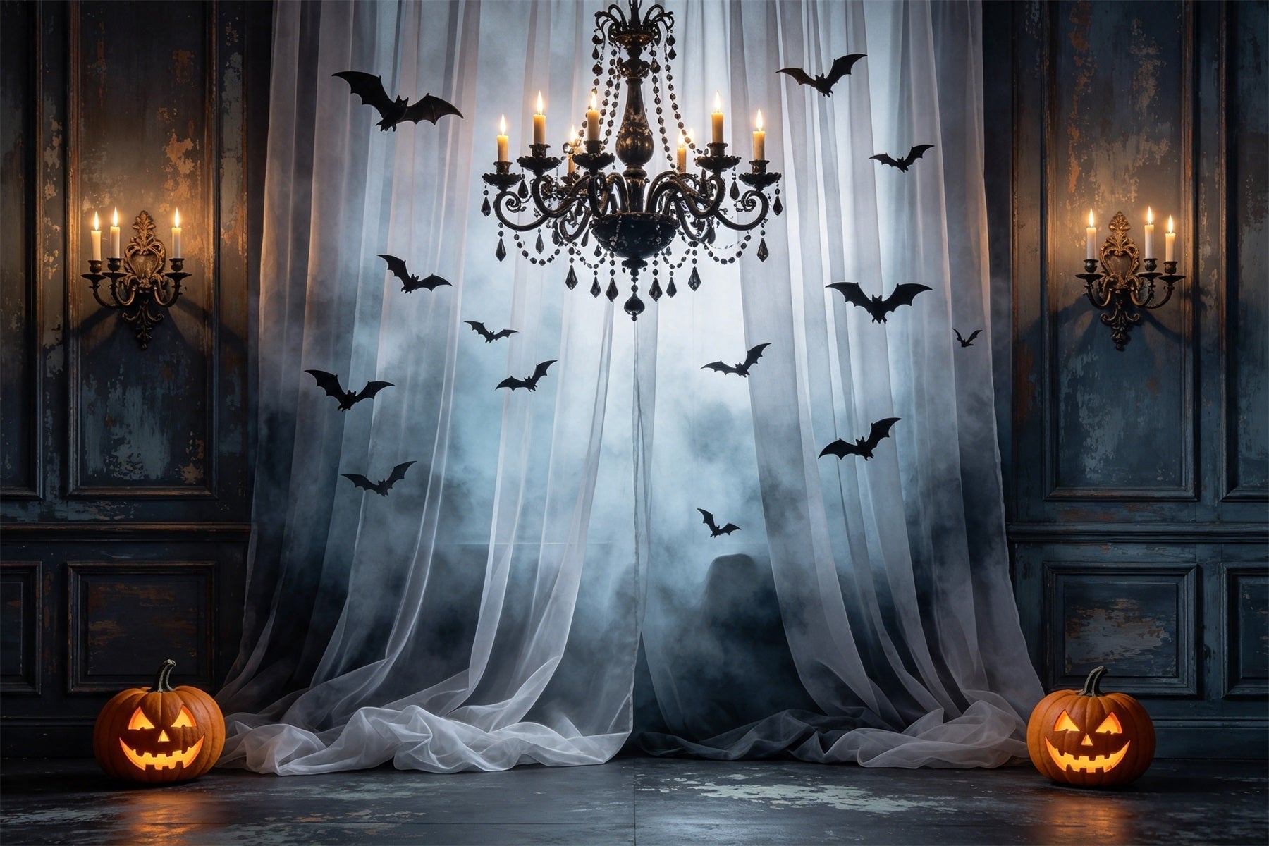 Bat Backdrop Foggy Curtain Chandelier Hall Halloween Scary Backdrop UK GQ67-92
