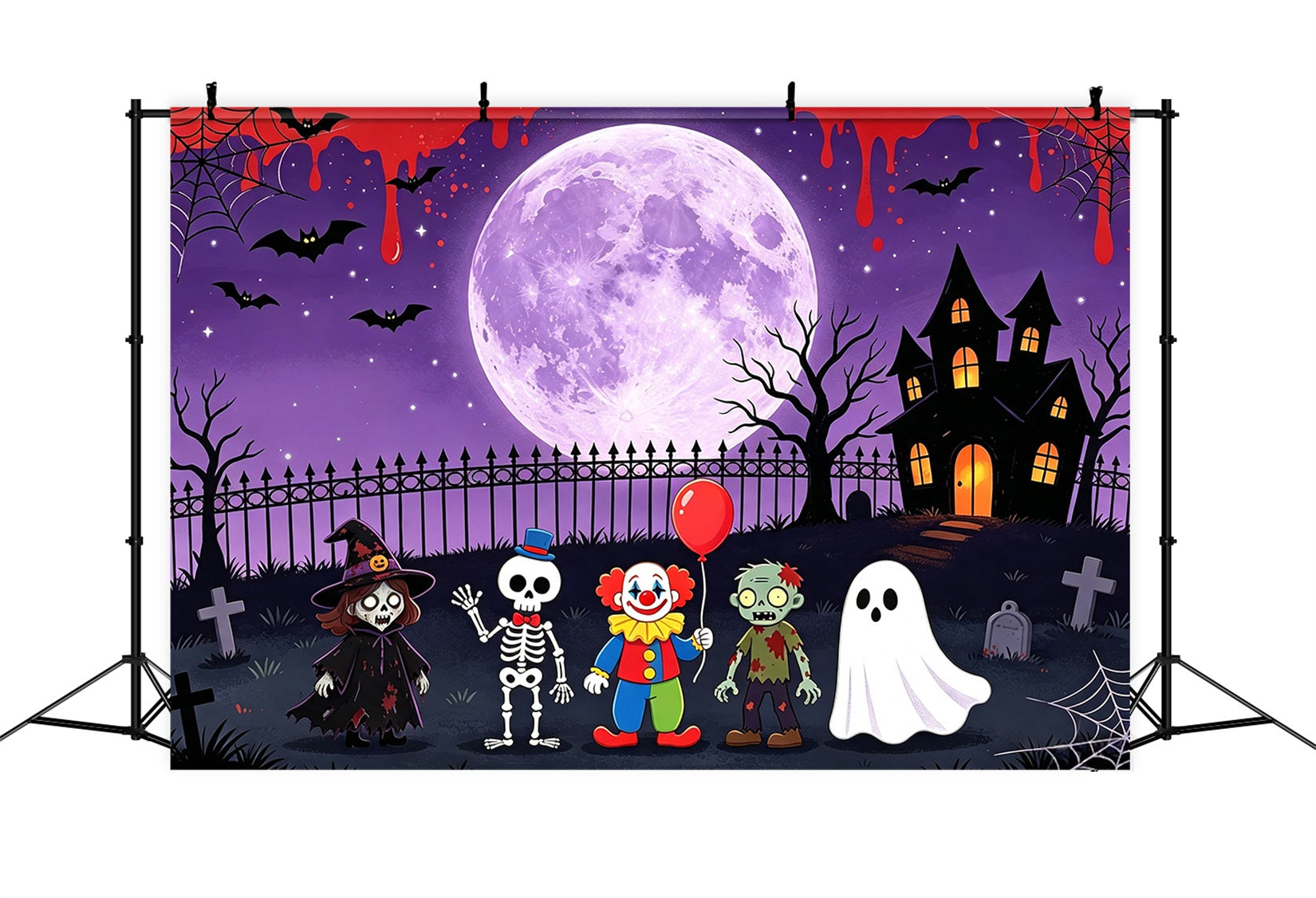 Ghost Stage Backdrop Cartoon Monster Moonlit Gathering Purple Halloween Backdrop UK GQ67-93
