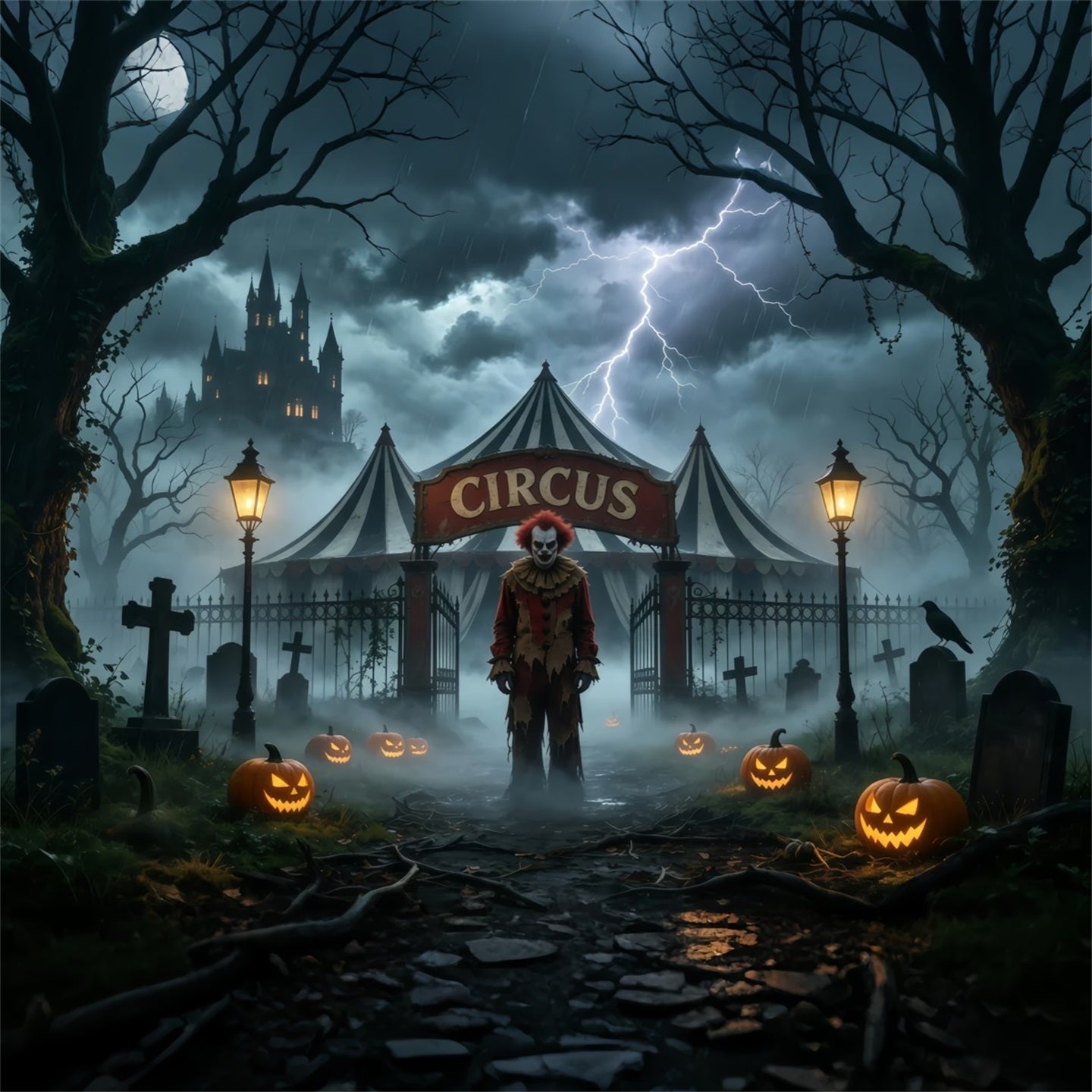 Halloween Clown Backdrop Stormy Circus Tent Graveyard Creepy Halloween Backdrop UK GQ67-94