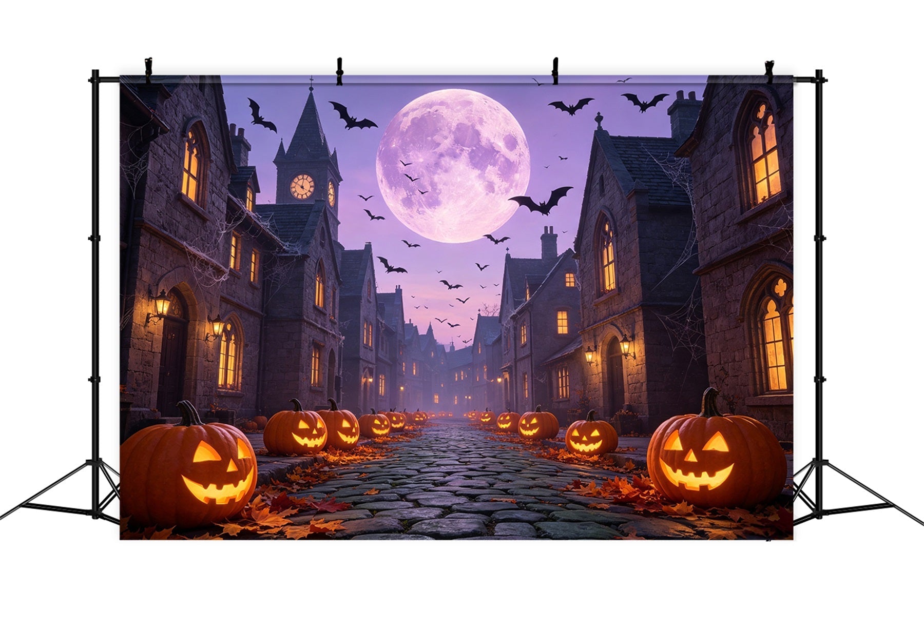 Bats Backdrop Purple Moonlit Pumpkin Street Backdrop For Halloween UK GQ67-97
