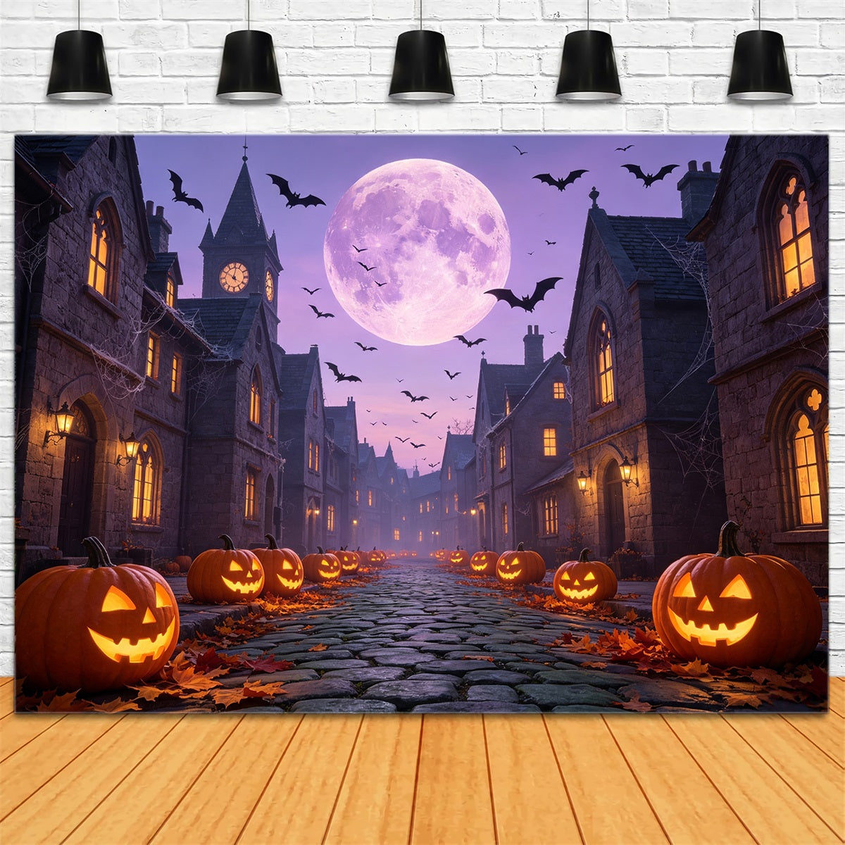 Bats Backdrop Purple Moonlit Pumpkin Street Backdrop For Halloween UK GQ67-97