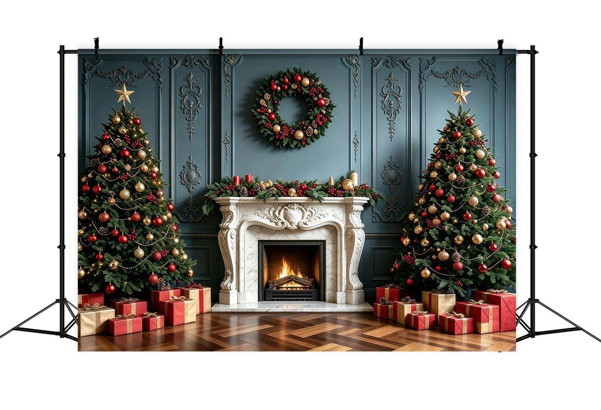 Christmas Fireplace Backdrop Elegant Blue Wall Garland Photo Christmas Backdrop UK GQ68-100