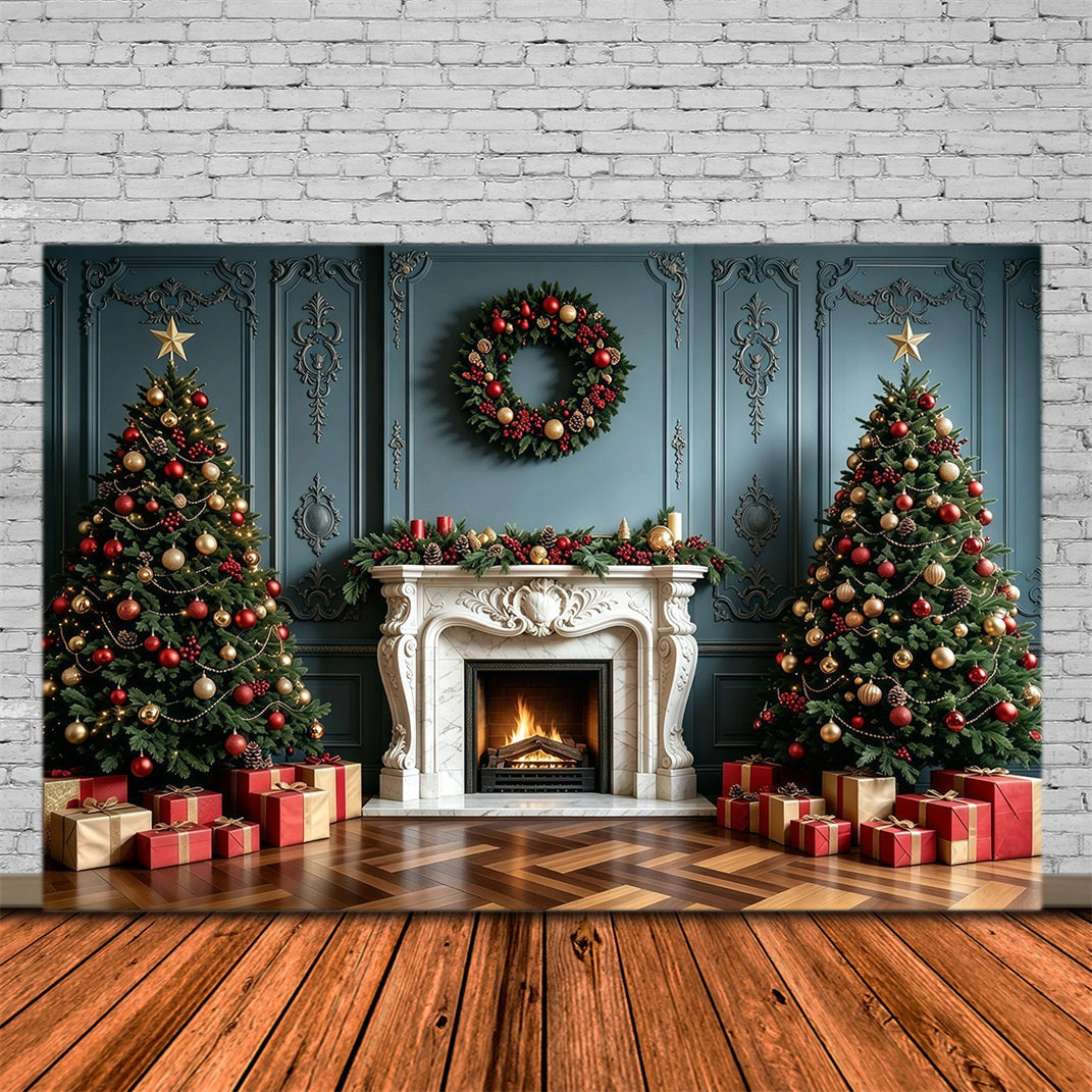 Christmas Fireplace Backdrop Elegant Blue Wall Garland Photo Christmas Backdrop UK GQ68-100