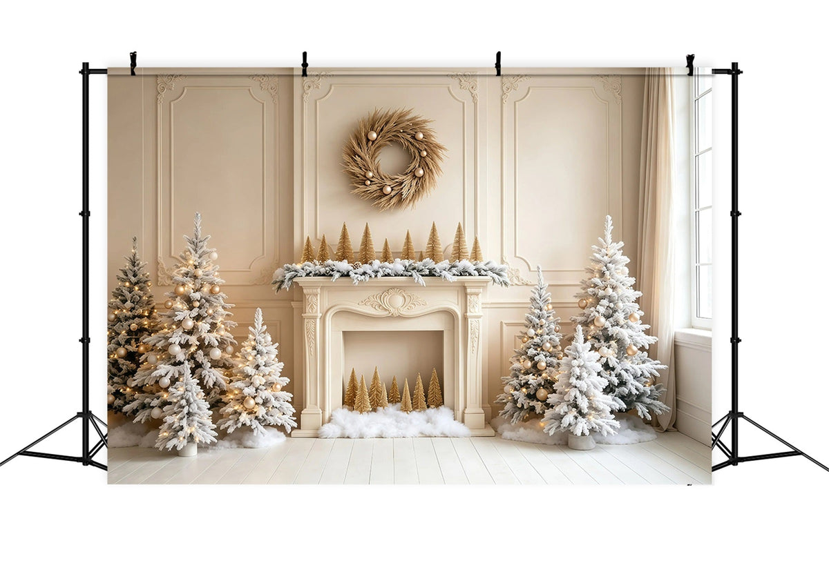 White Christmas Backdrop Fireplace Pine Trees Wall Studio Christmas Backdrop UK GQ68-103