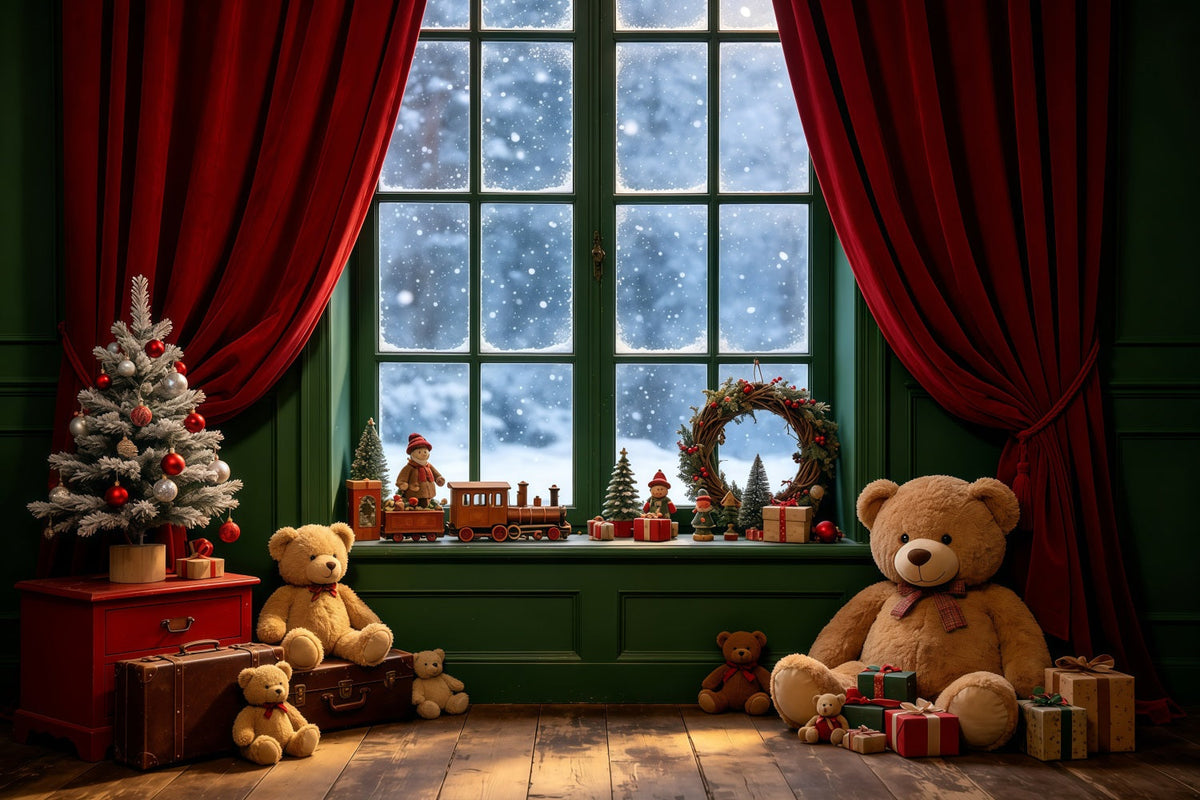 Christmas Window Backdrop Teddy Bear Indoor Corner Christmas Muslin Backdrop UK GQ68-106