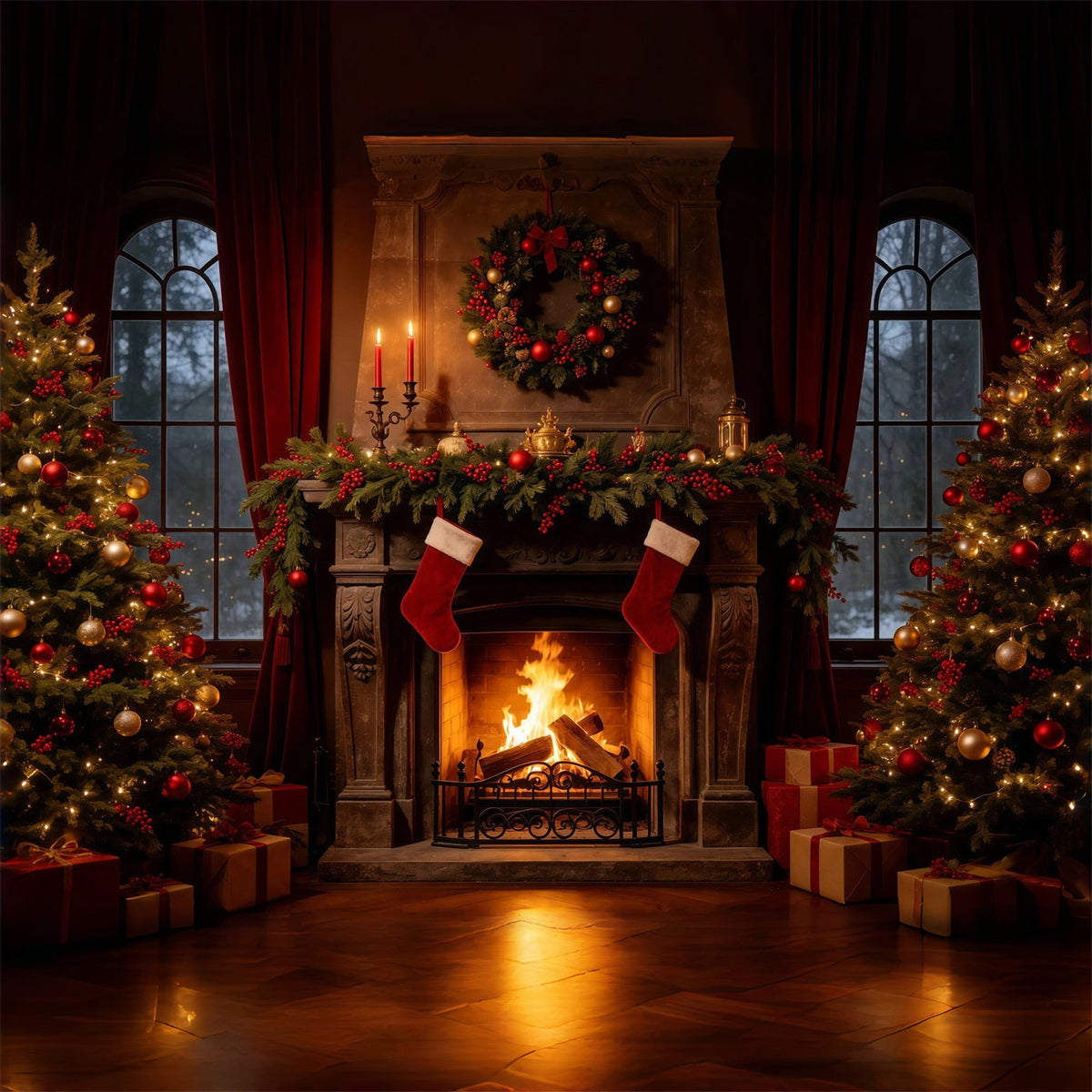 Cozy Christmas Backdrop Vintage Fireplace Stockings Christmas Indoor Backdrop UK GQ68-107