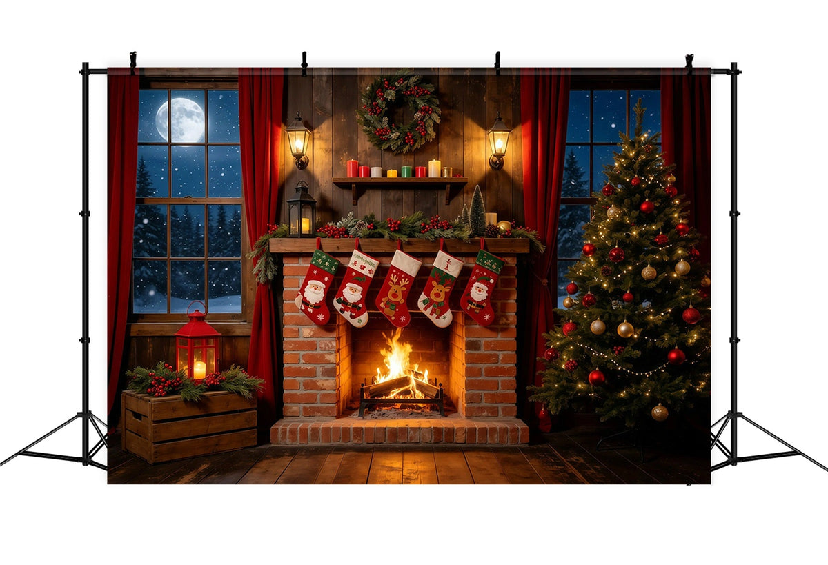 Christmas Night Backdrop Rustic Fireplace Stockings Indoor Christmas Backdrops UK GQ68-108