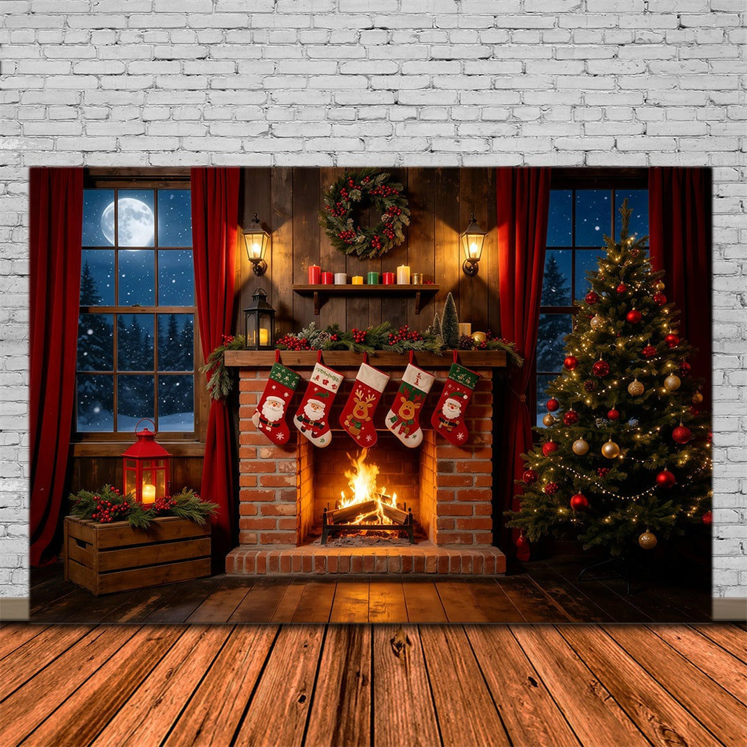 Christmas Night Backdrop Rustic Fireplace Stockings Indoor Christmas Backdrops UK GQ68-108