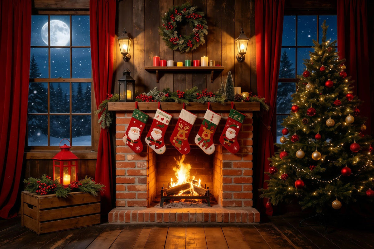 Christmas Night Backdrop Rustic Fireplace Stockings Indoor Christmas Backdrops UK GQ68-108