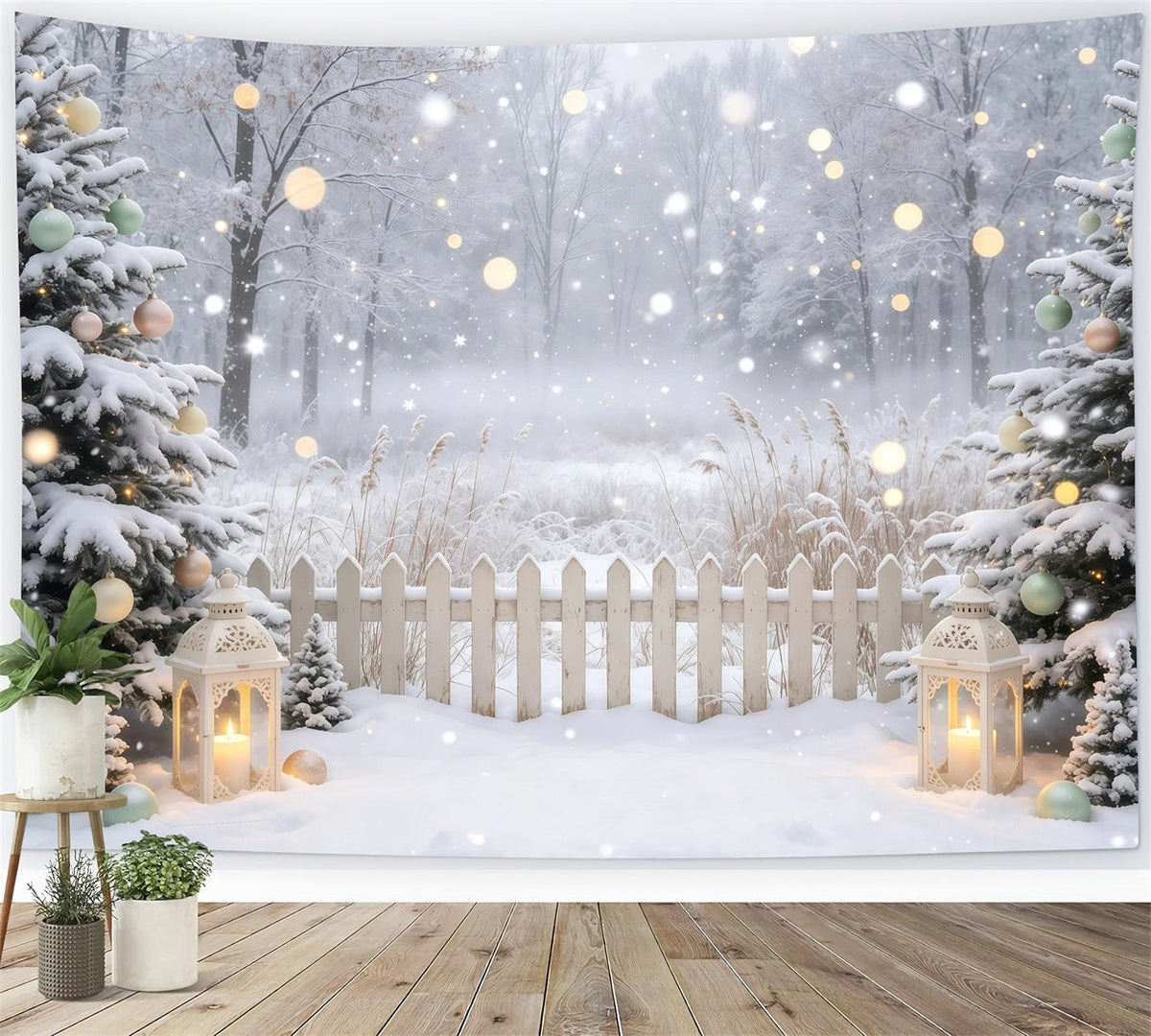 Winter Christmas Backdrop Snowy Forest Lanterns Professional Christmas Backdrop UK GQ68-109