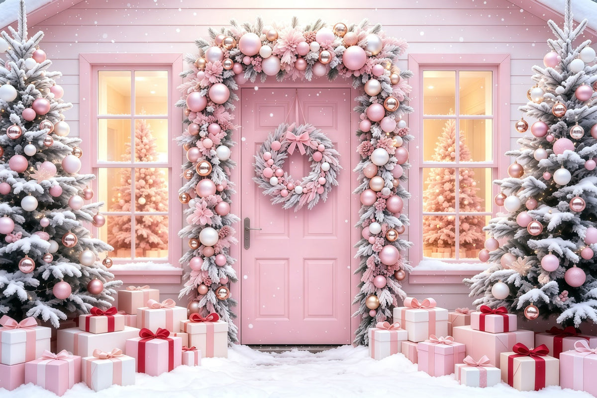 Pink Christmas Backdrop Snowy Tree Gift Doorway Christmas Muslin Backdrops UK GQ68-114