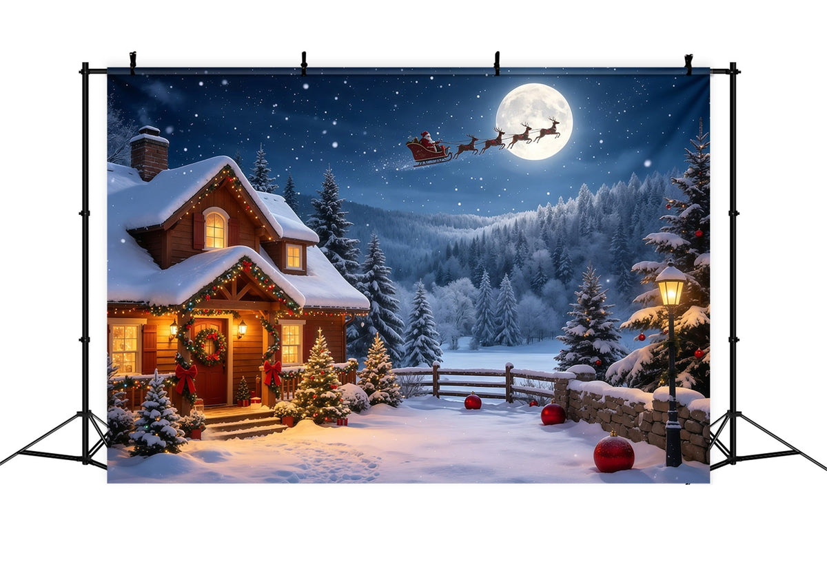 Christmas Santa Backdrop Moonlit Cabin Snowy Mountain Christmas Backdrop UK GQ68-115