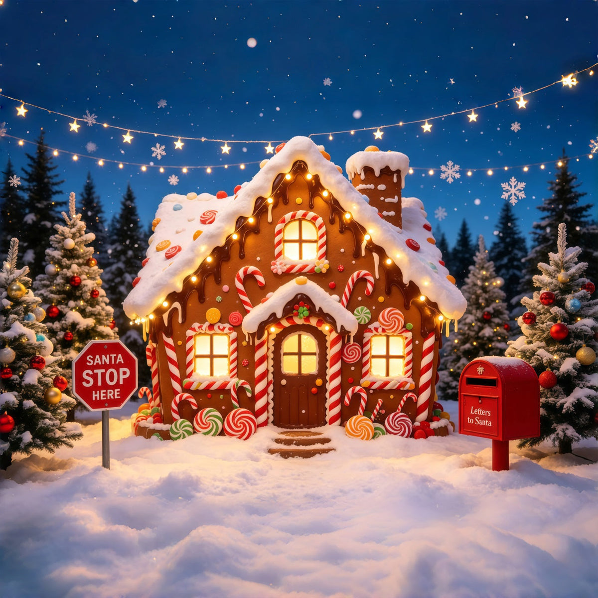 Gingerbread Christmas Backdrop Candy Cottage Snowy Forest Christmas Photo Backdrops UK GQ68-118