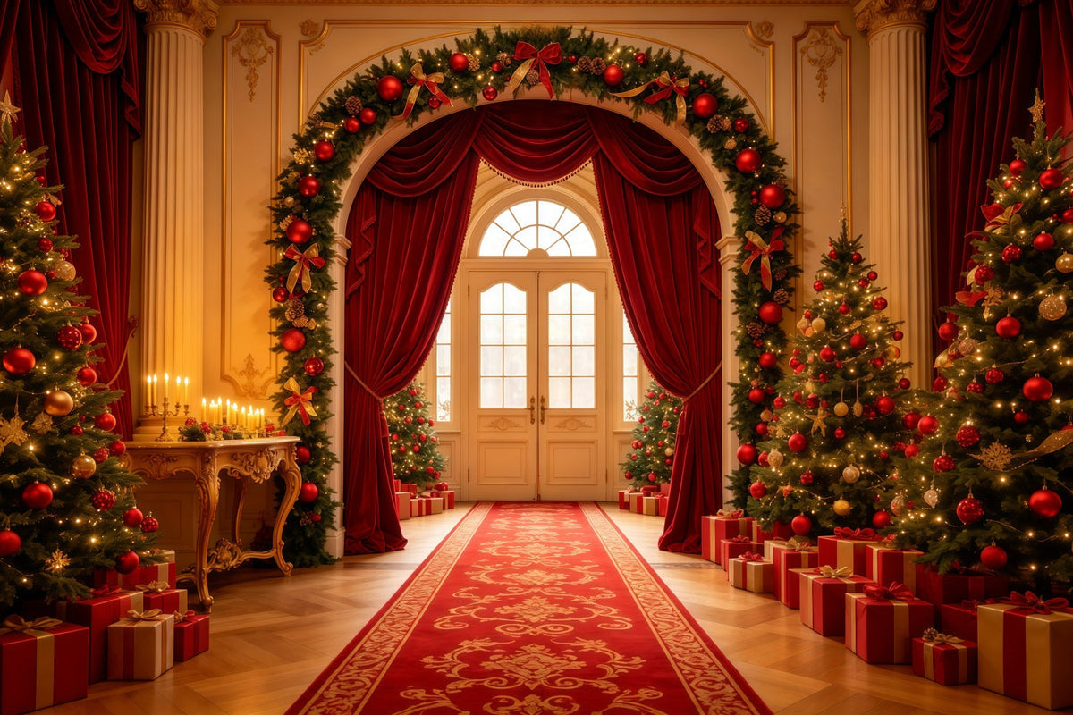 Christmas Living Room Backdrop Grand Red Curtain Archway Christmas Photography Backdrop UK GQ68-120